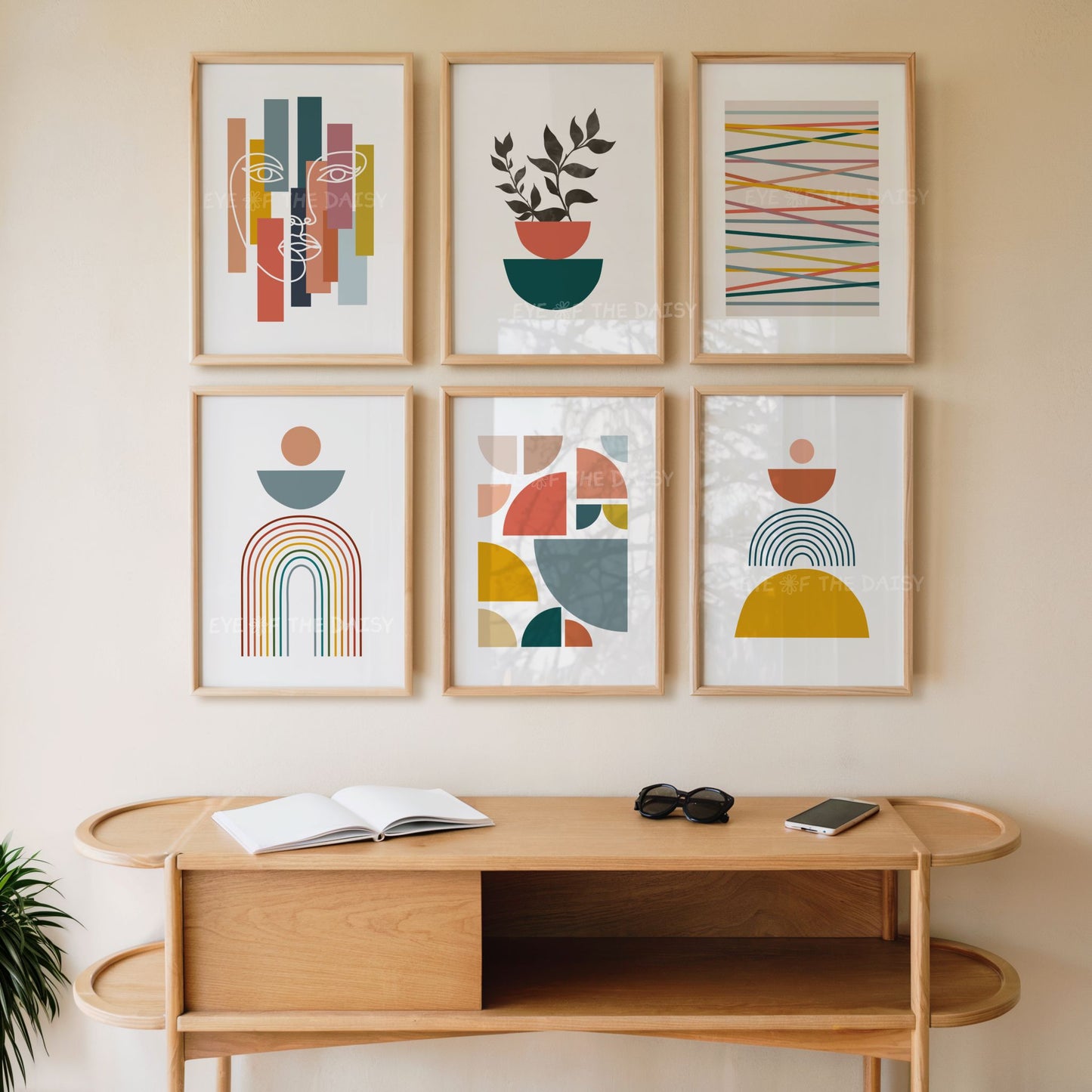 Geometric shapes printable posters displayed in mid century modern living room – minimalist wall art for vacation rental wall decor