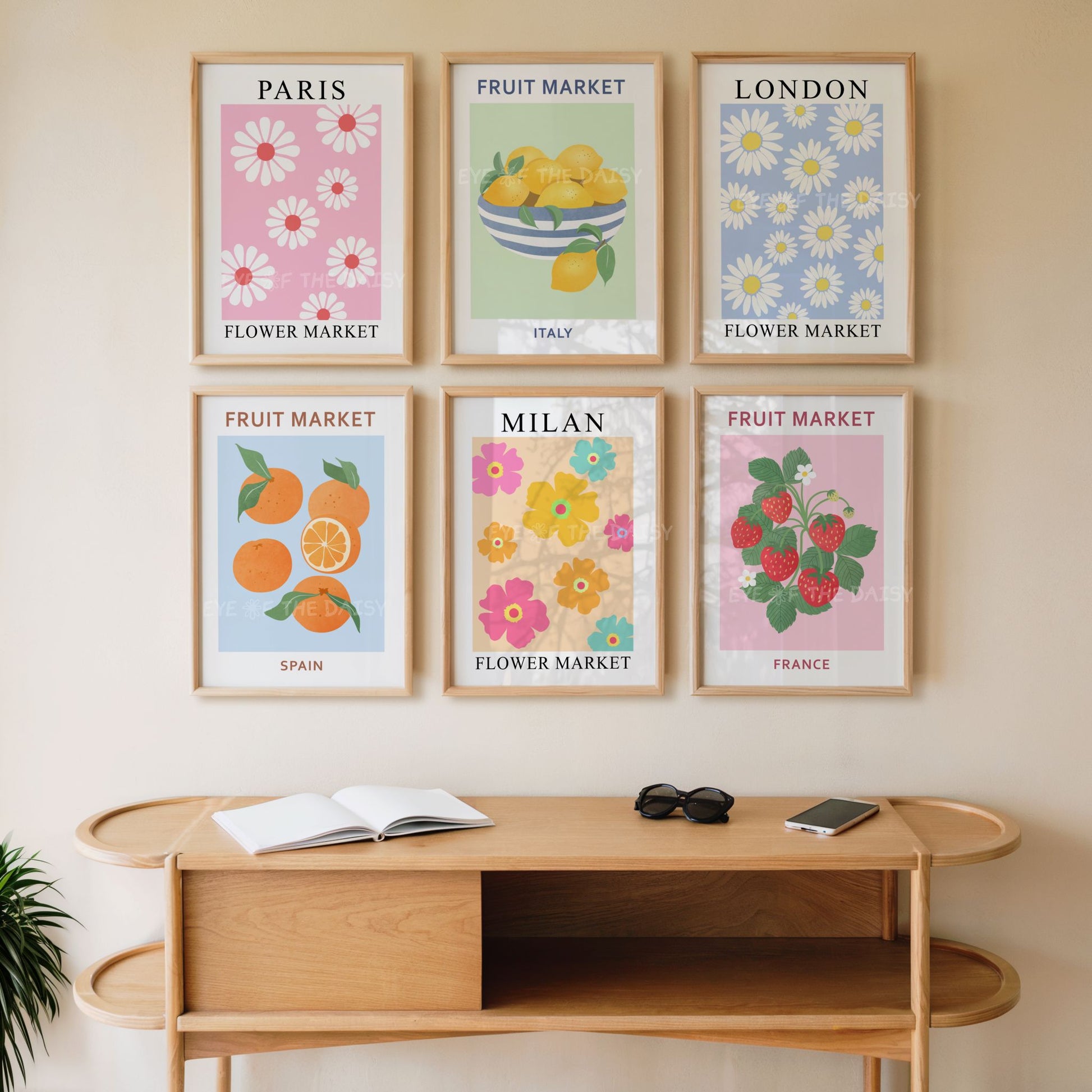 Maximalist bright abstract botanical and fruit wall print set of 6, ideal dopamine decor for a trendy Scandinavian bedroom