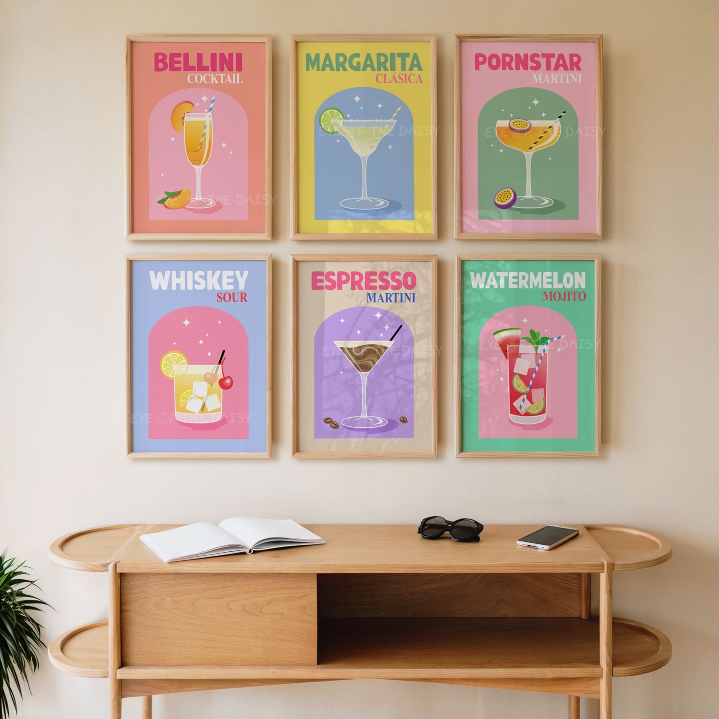 Set of 6 cocktail digital downloads in retro-modern style, perfect for colorful gallery wall or eclectic home decor space