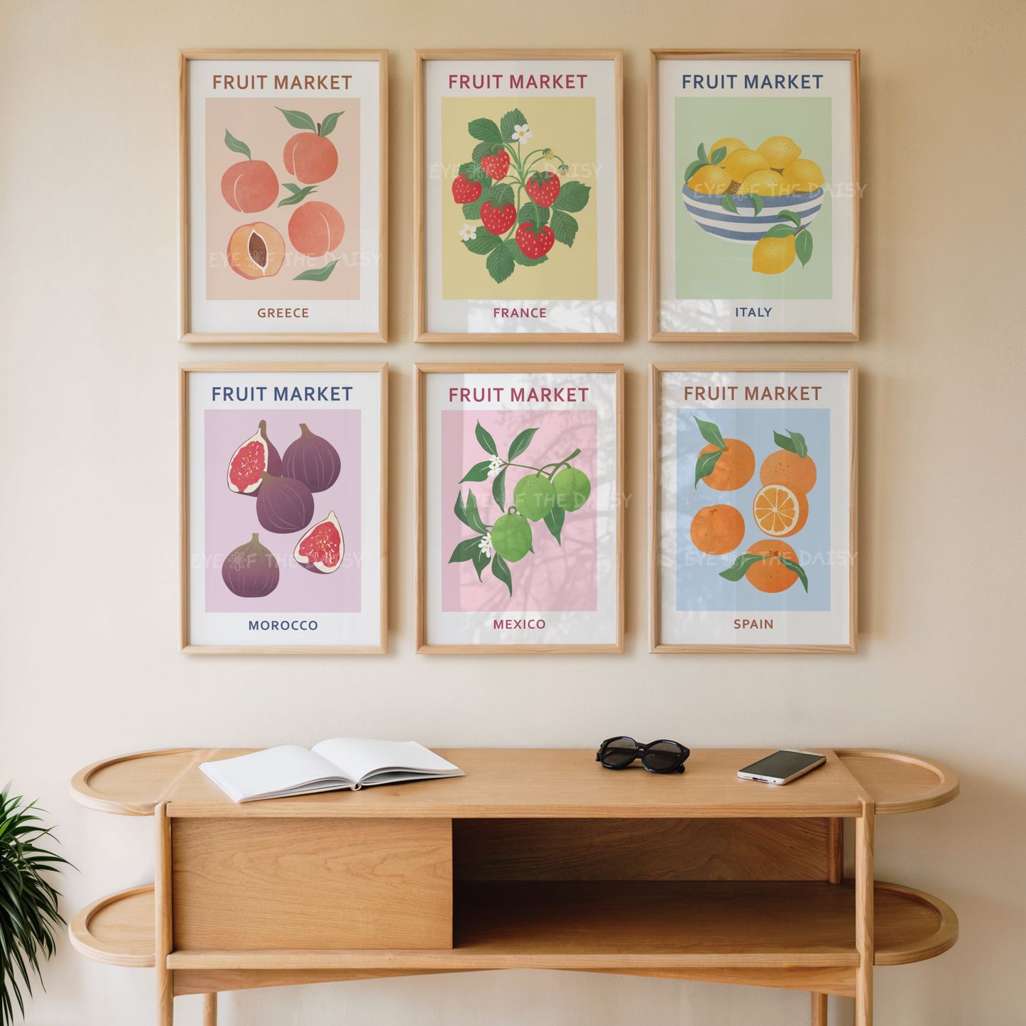 Colorful abstract fruit digital download set — modern printable poster pack with 6 bright prints for wall art decor or print at home