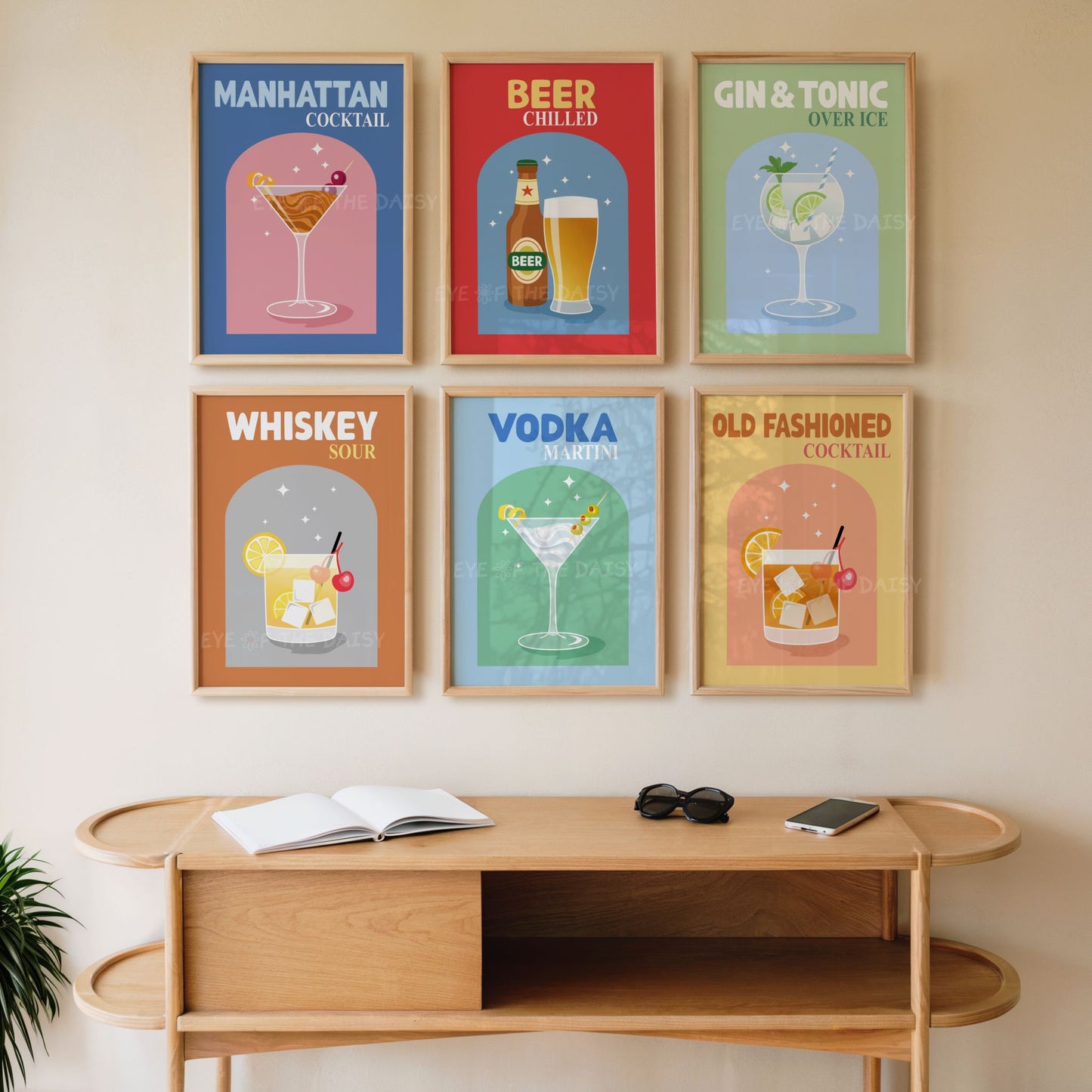 Vibrant cocktail prints set, bar cart prints digital download, colourful gallery wall artwork perfect for bar cart décor