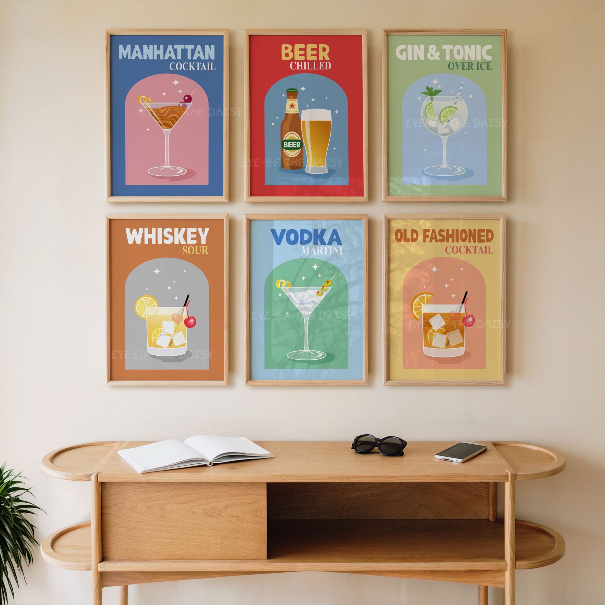 Vibrant cocktail prints set, bar cart prints digital download, colourful gallery wall artwork perfect for bar cart décor