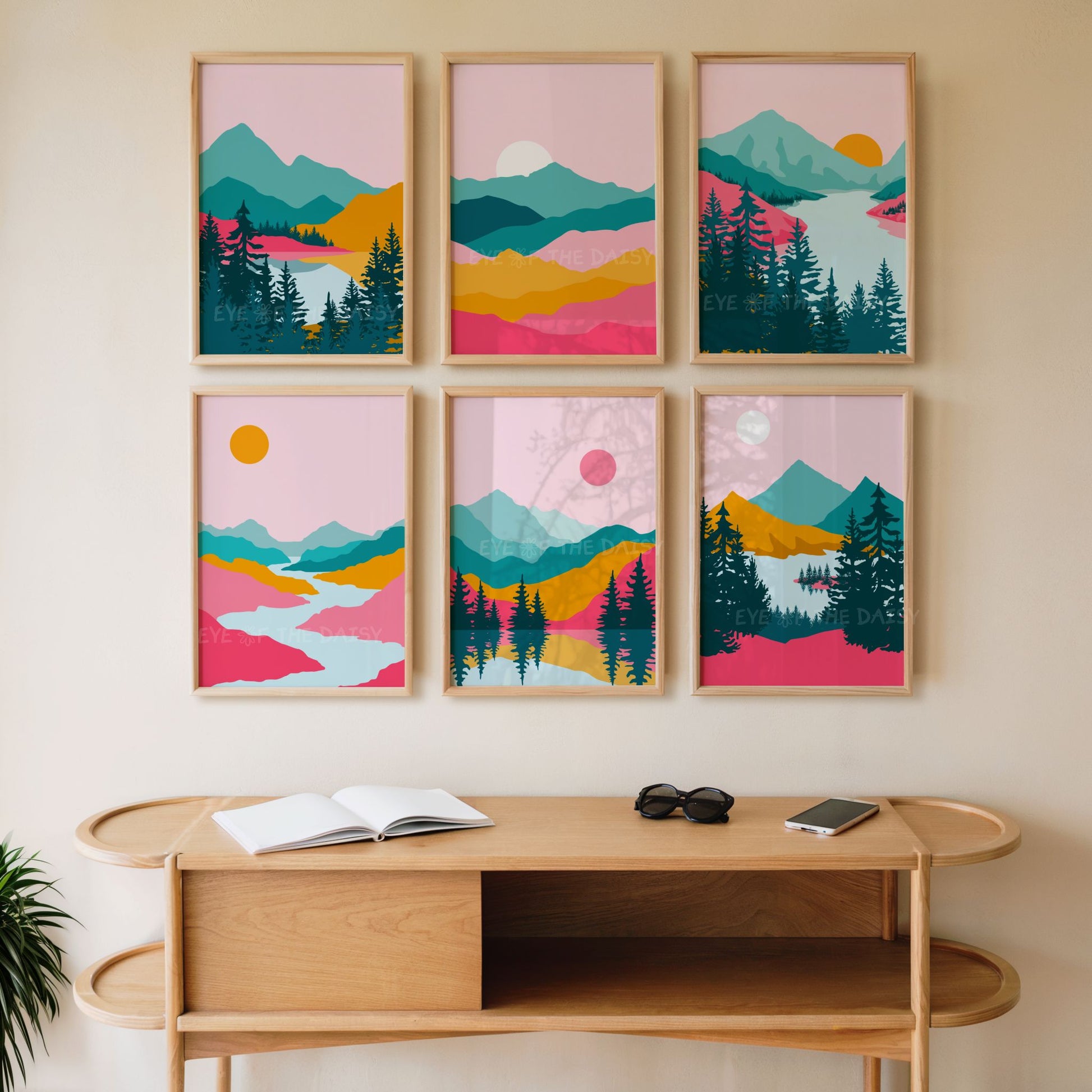 Bold gallery wall for home office – set of 6 mid-century modern abstract mountain prints in teal, orange, pink, downloadable art