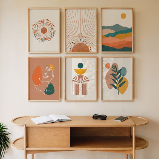 Boho print set of 6 vacation rental wall decor, boho printable wall art prints in terracotta beige & earth tones