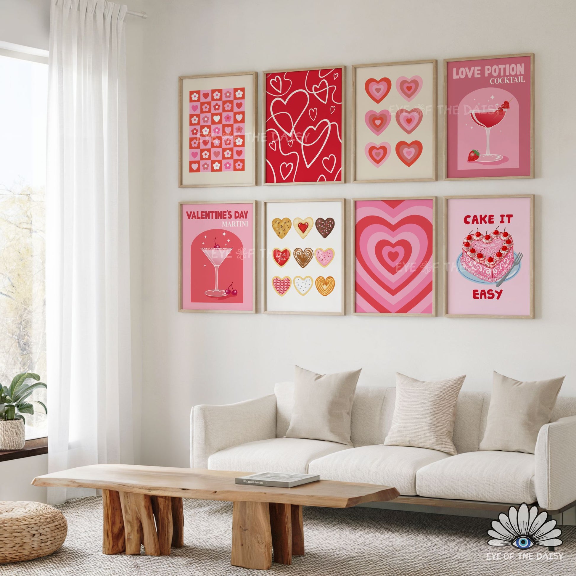 Valentine’s Day poster bundle of 9 hand drawn red and pink prints, printable wall art for trendy, preppy gallery walls or dorms