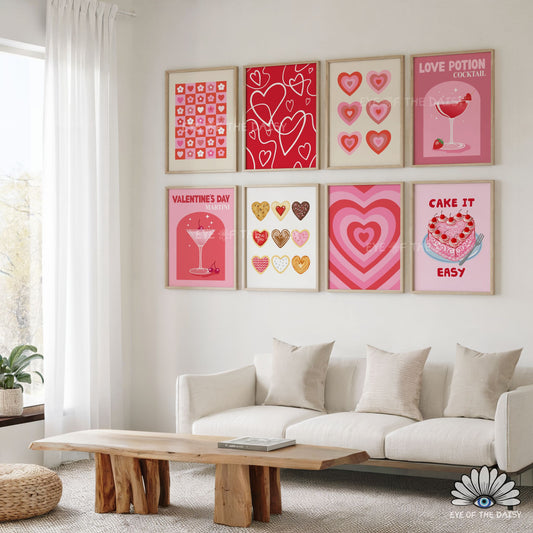 Valentine’s Day poster bundle of 9 hand drawn red and pink prints, printable wall art for trendy, preppy gallery walls or dorms