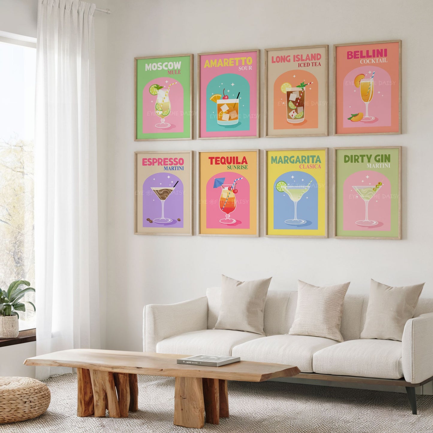 Bar cart decor printable set of 9 cocktails, fun retro drink poster download for colorful kitchen or stylish home bar area