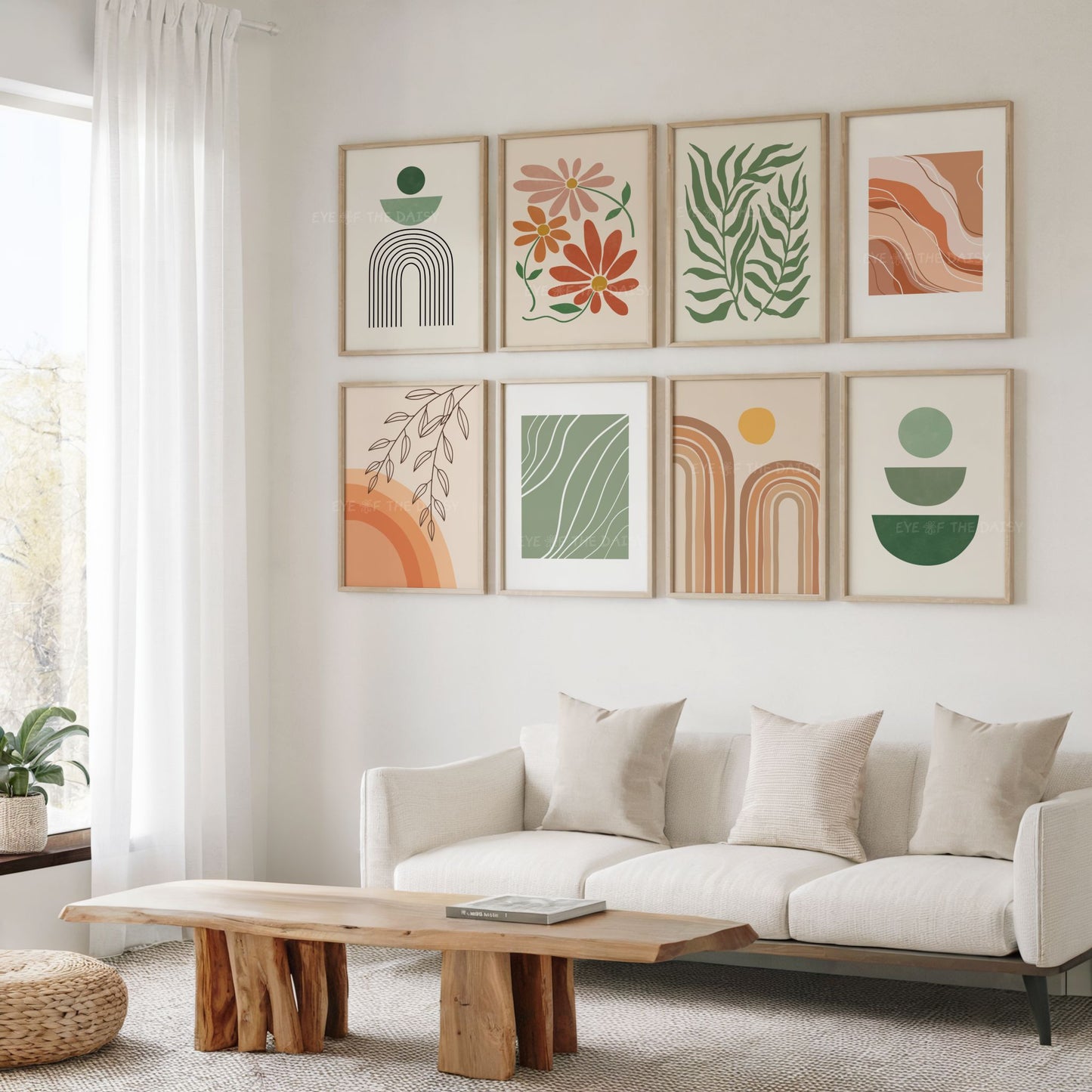 Nine piece wall print set of earth tone boho artwork in terracotta, beige, burnt orange, sage green and dark green, in a boho living room