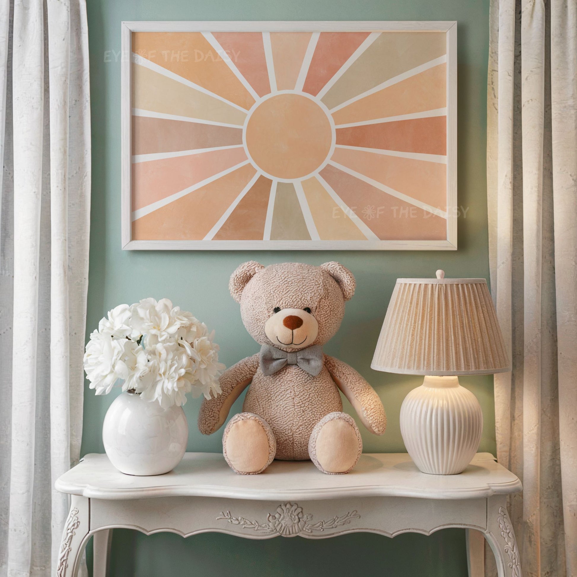 Cute boho sun print – warm neutral sunburst printable wall art, downloadable DIY decor for a gender-neutral nursery room