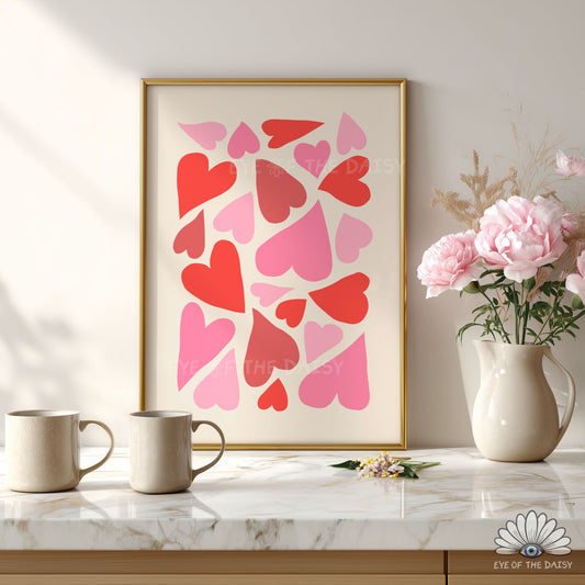 Trendy abstract hearts printable wall art in red and pink, contemporary dopamine decor for modern interiors