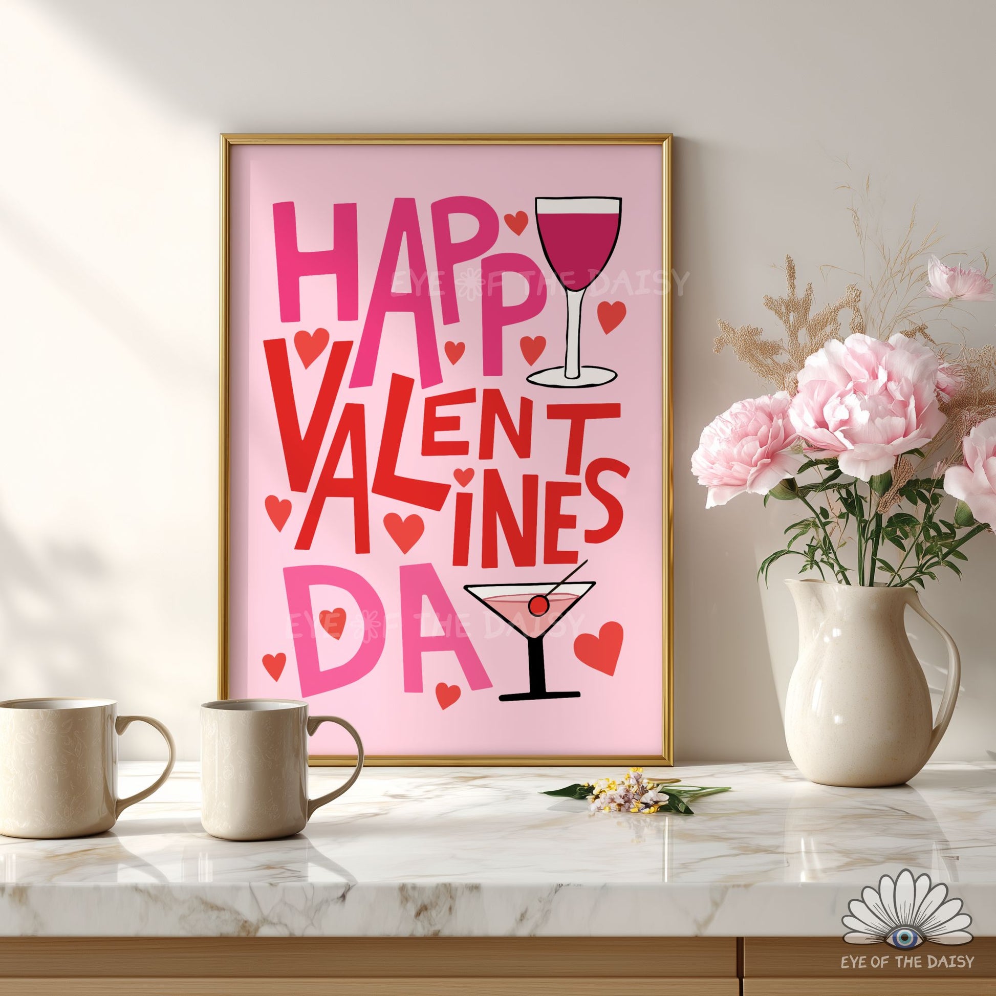 Funky retro Valentine’s Day printable wall art, colorful typography poster for kitchen or entertaining spaces