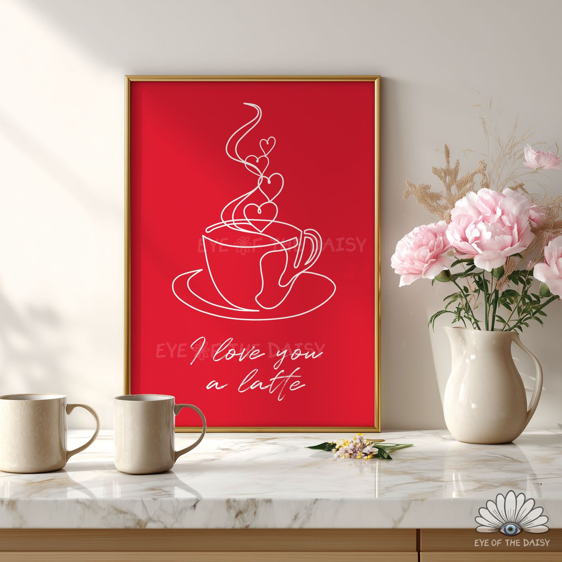Cute typography coffee printable wall art, coffee cup one line drawing print with hearts for Valentine’s Day or anniversary