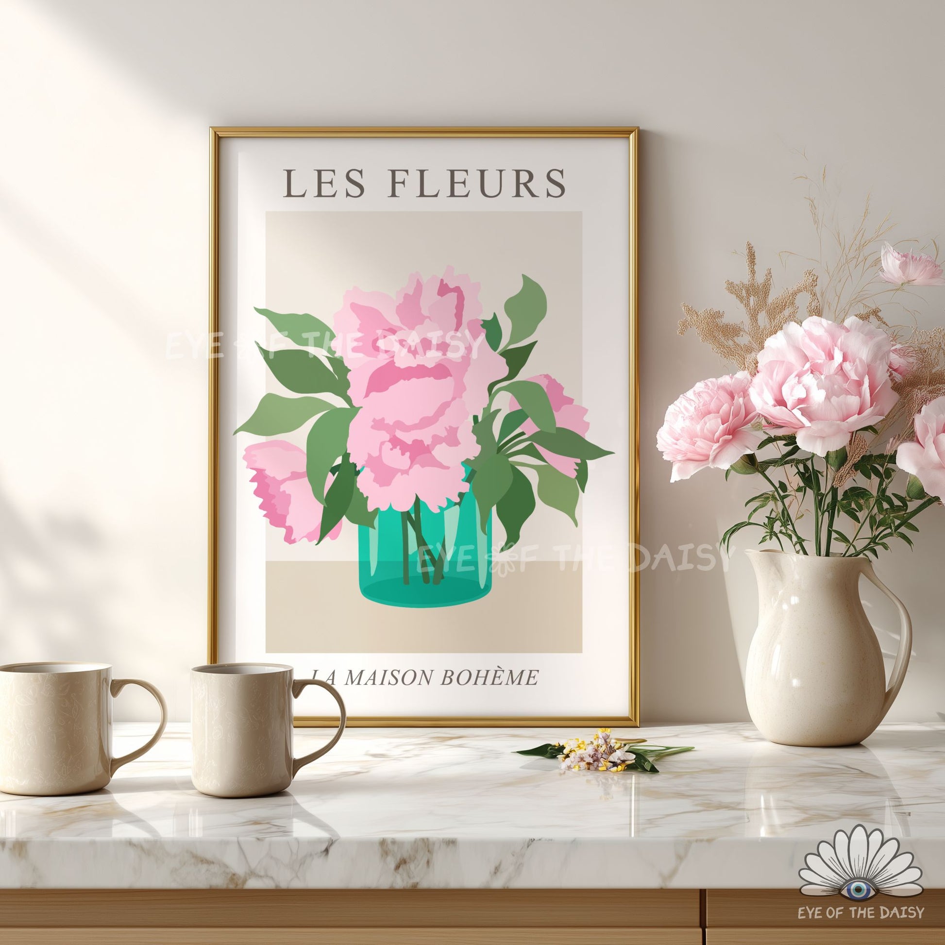 Les Fleurs pink bouquet of flowers in vase printable wall art, floral exhibition poster in blush pink and teal