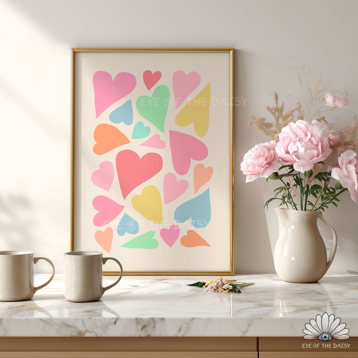 Whimsical abstract hearts poster in pastel colours, colorful wall decor for nursery or children’s room