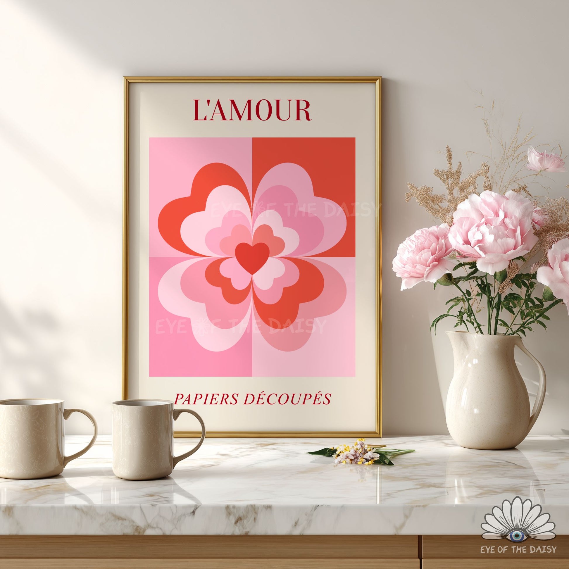 Romantic retro red and pink geometric heart poster, high-resolution digital download for Galentine’s or anniversary gifts