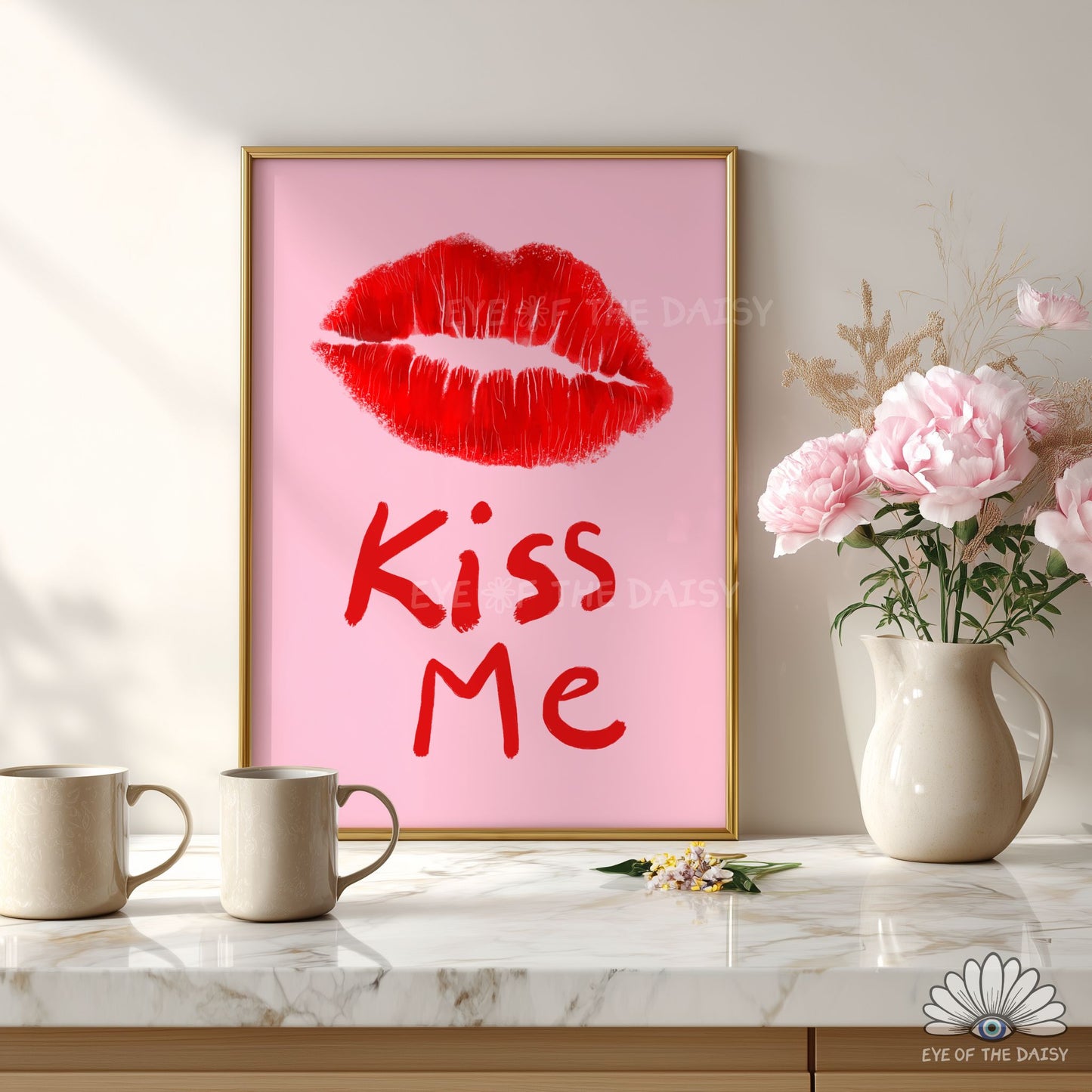 Funky red lips printable wall art hand drawn, girly and pretty Valentine’s Day poster for contemporary or preppy rooms