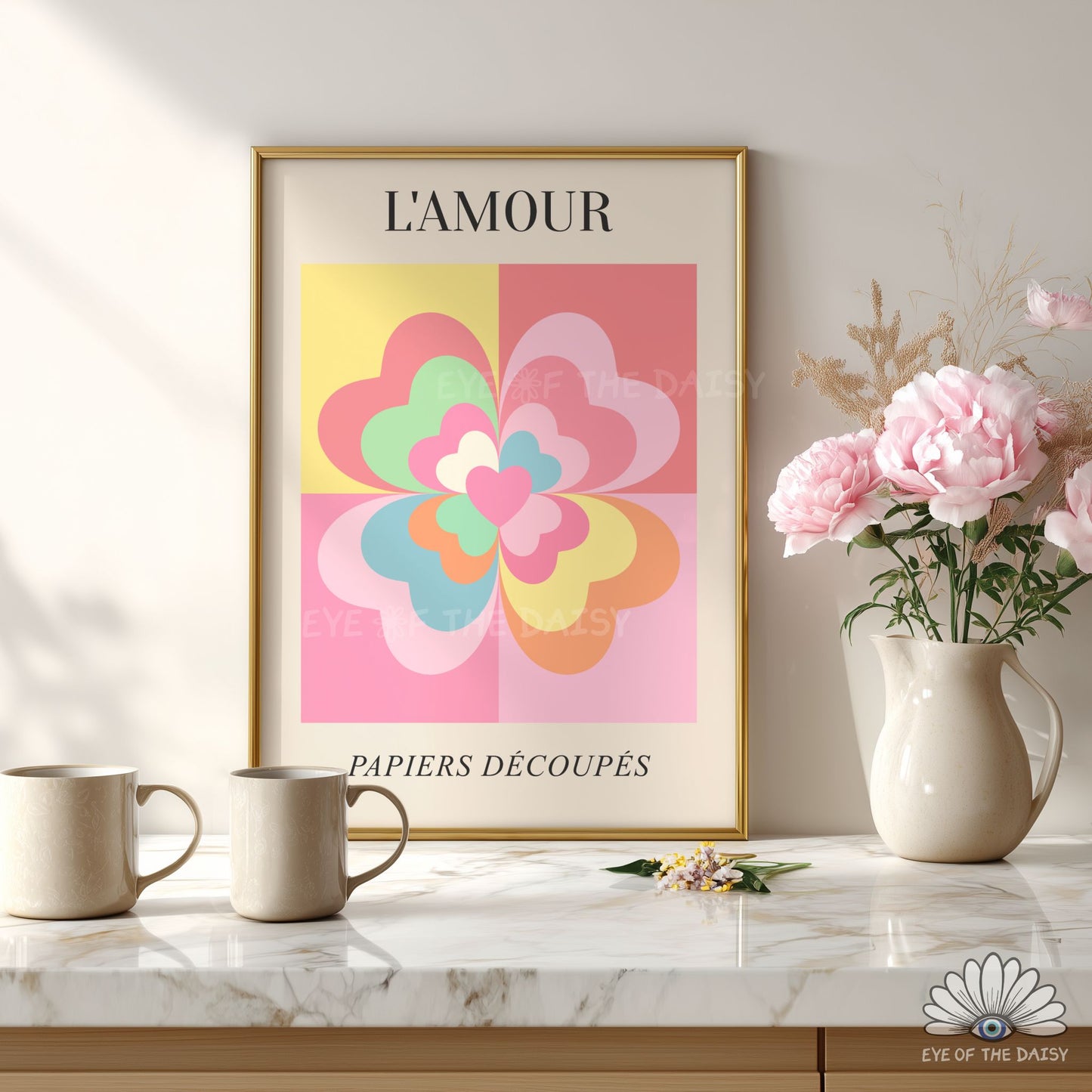 Modern French exhibition style L’Amour poster, soft pastel geometric floral printable poster for instant download