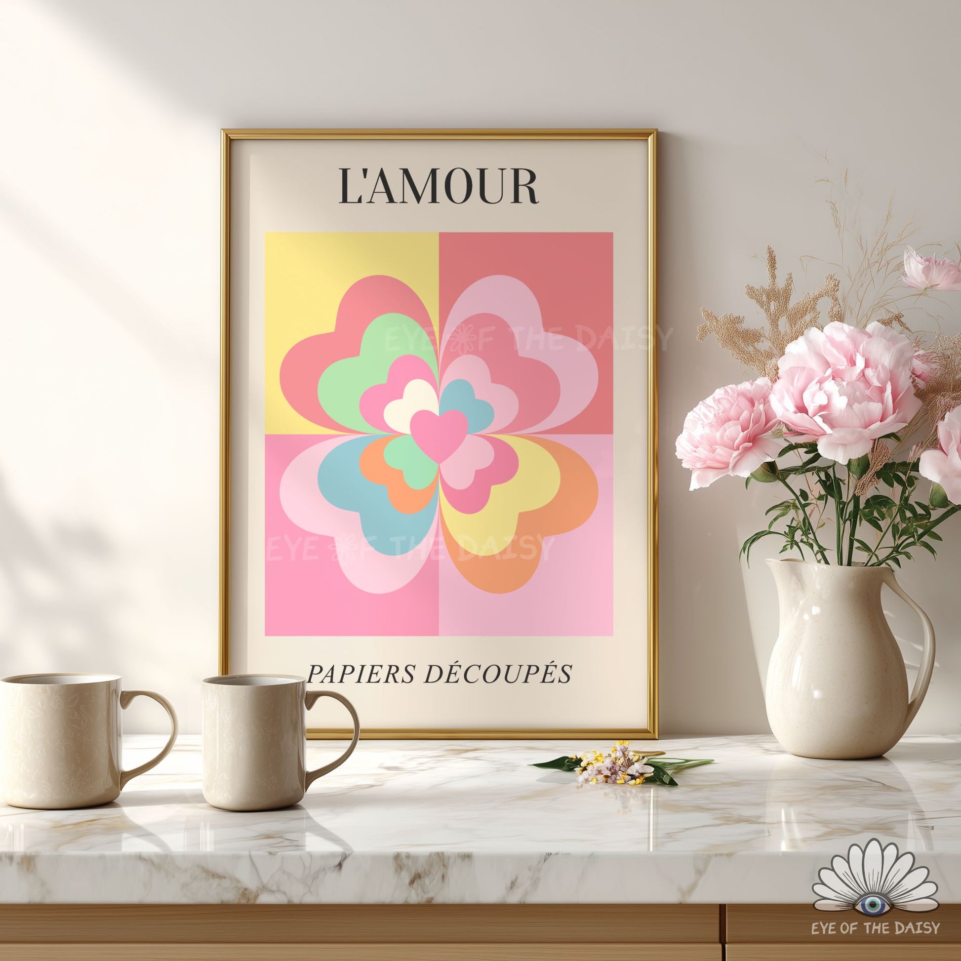 Modern French exhibition style L’Amour poster, soft pastel geometric floral printable poster for instant download