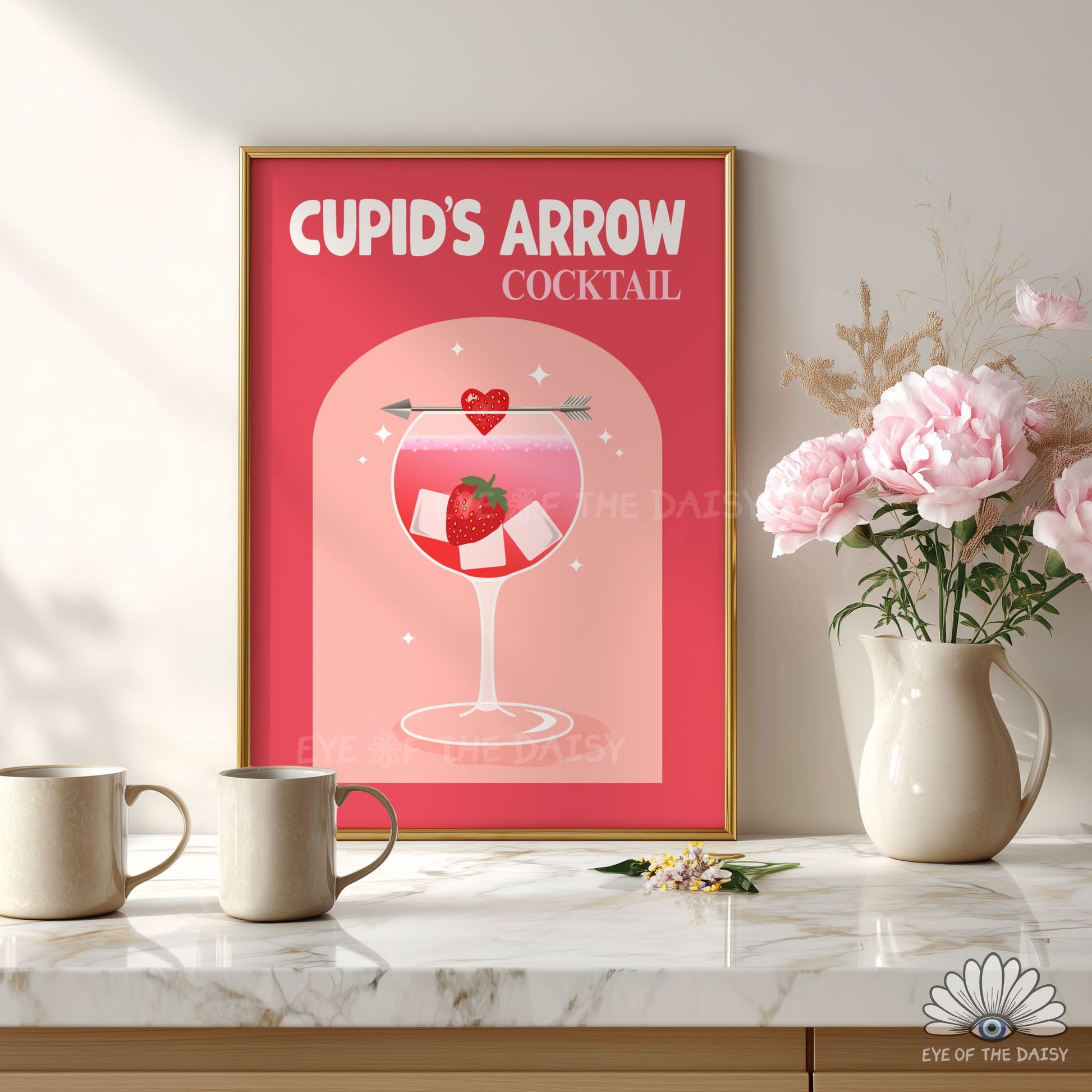 High resolution cocktail art print, retro Valentine’s Day bar cart wall decor instant download