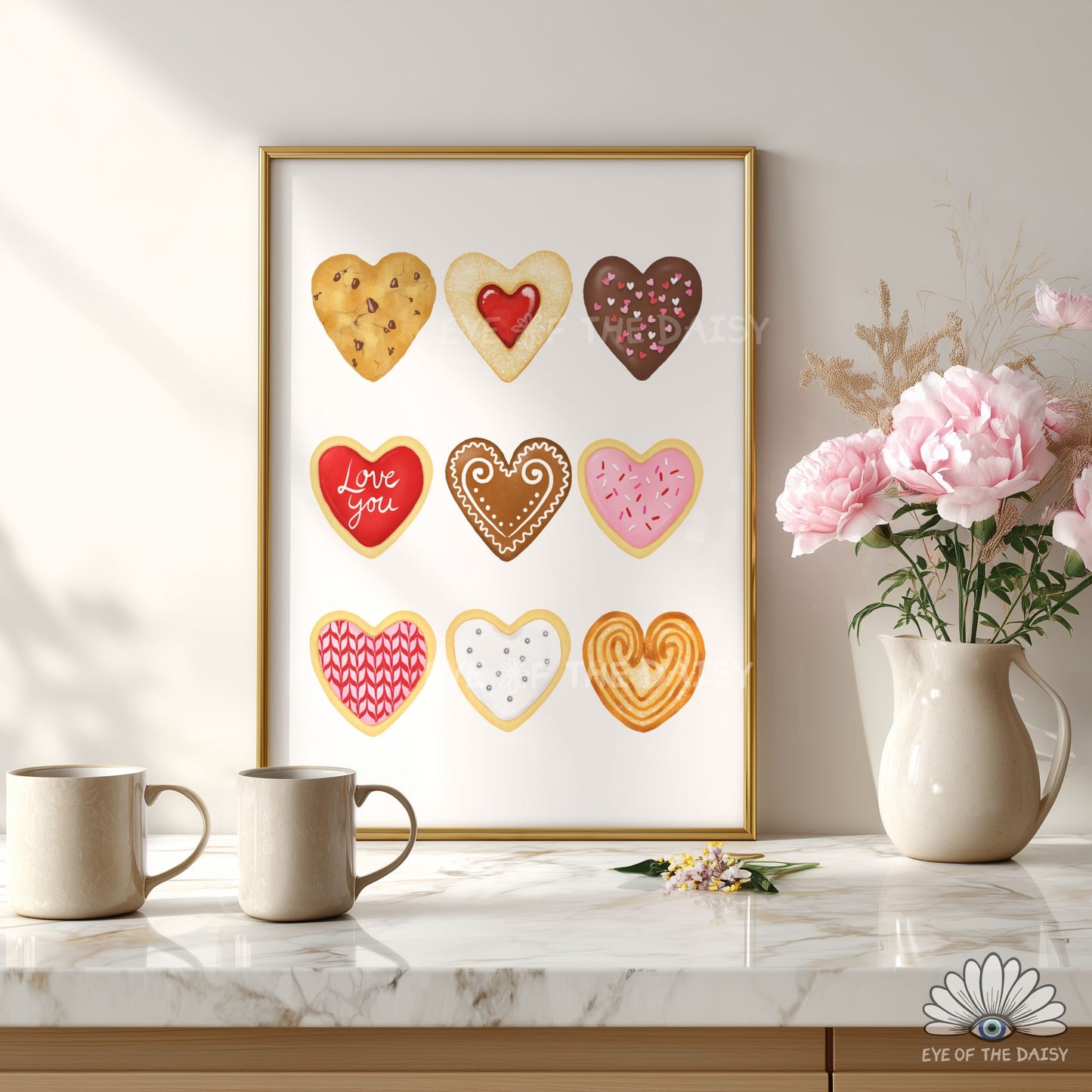 Retro Valentine’s Day cookie printable poster, heart shaped chocolate biscuits for eclectic or dopamine decor