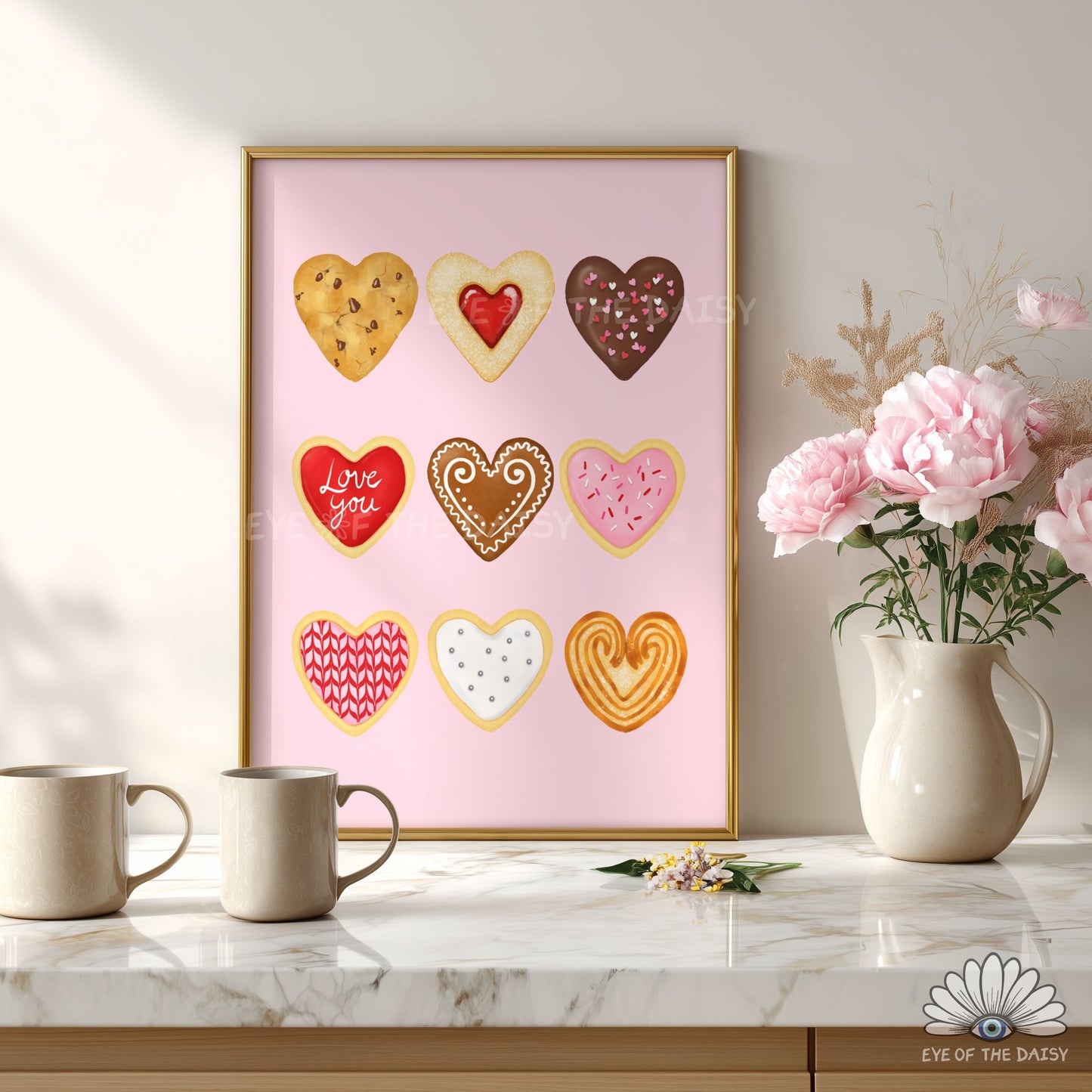 Valentine’s Day foodie print digital download, whimsical cookie illustrations on pale pink, perfect for living room or kitchen decor