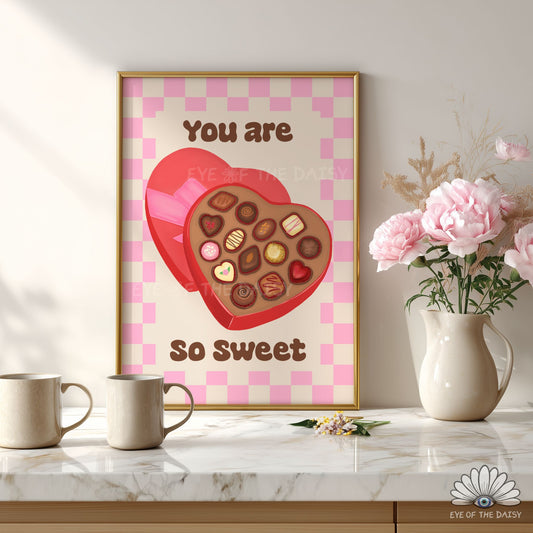 Cute retro chocolate heart print digital download wall art, pink and red dopamine decor for Valentine’s Day