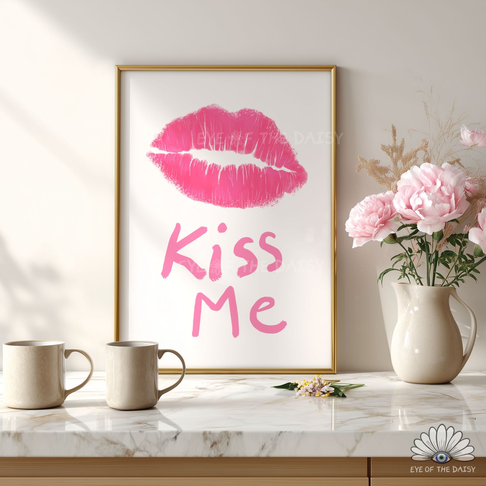 Pink Kiss lips print digital download, funky retro and eclectic wall art for dorms or living rooms