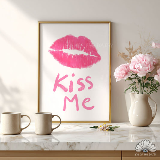 Pink Kiss lips print digital download, funky retro and eclectic wall art for dorms or living rooms