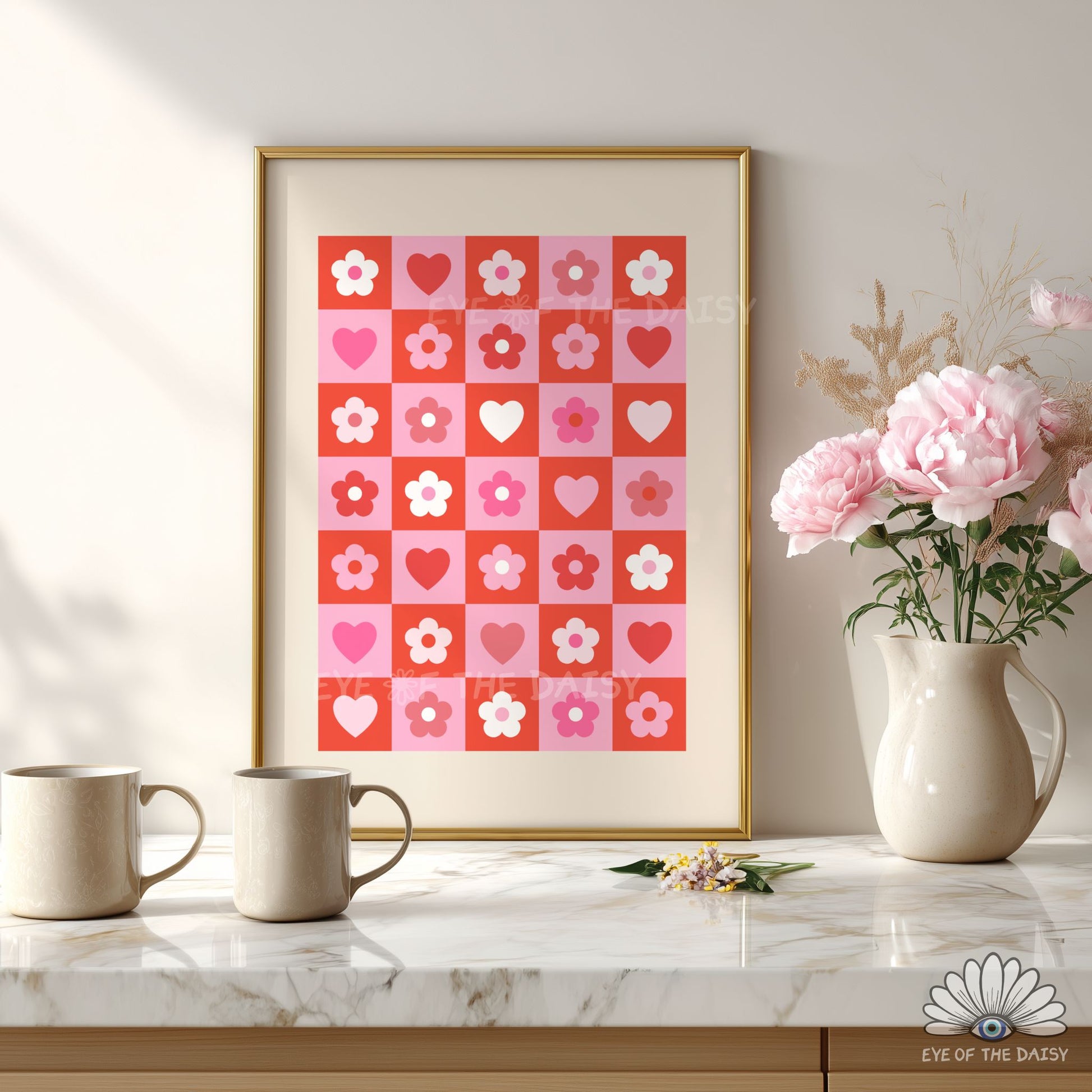Valentine’s Day digital download wall art in red and pink, funky retro Y2K style for apartments or living rooms