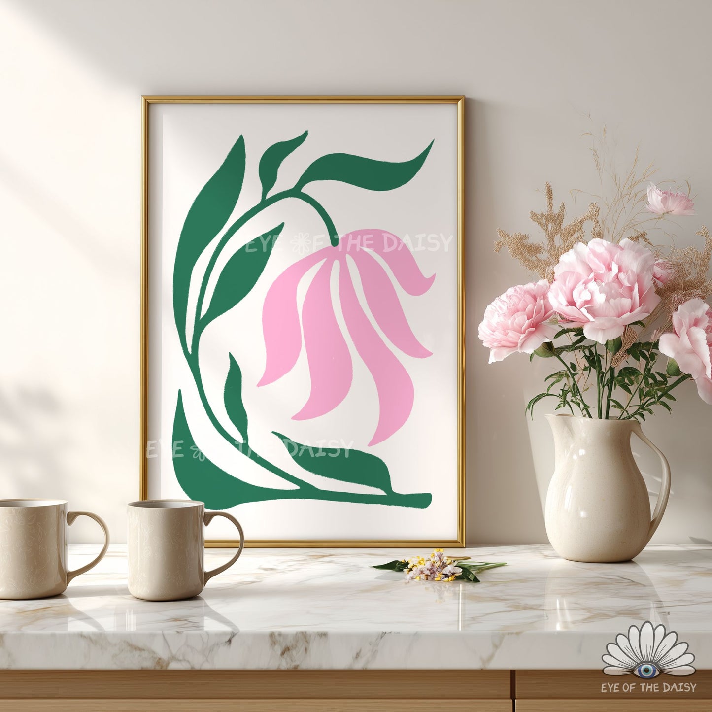 pretty pink flower illustration printable, whimsical botanical artwork for girls bedroom or playroom decor