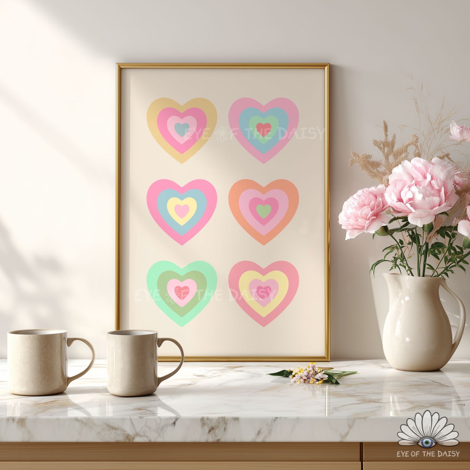 Raomantic print set of 6 hand drawn digital posters, pastel gallery wall art for bedrooms, dorms, kitchens, or living spaces