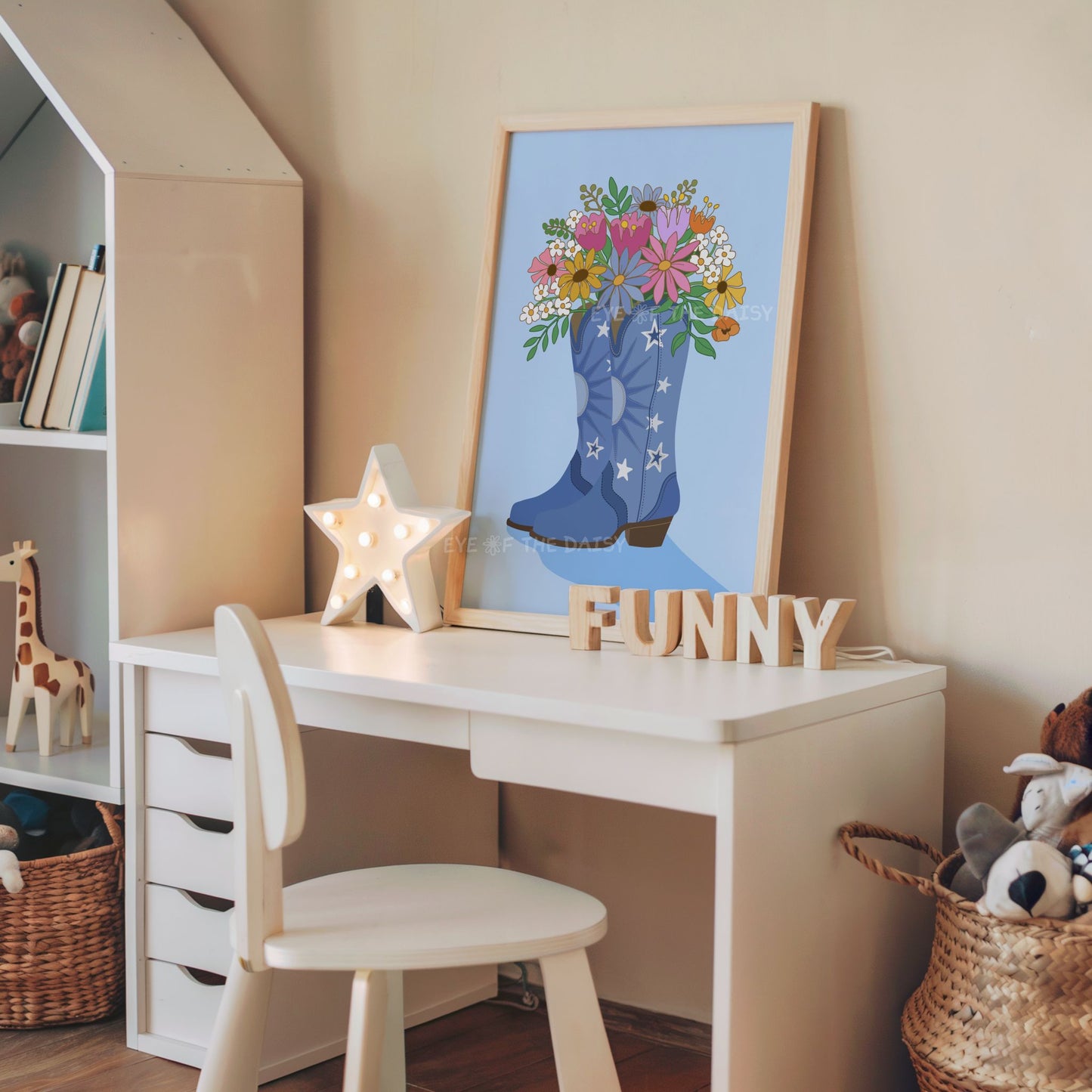Blue floral cowgirl boots poster – cute Y2K wall print for girl's room or nursery, instant download digital artwork for playful decor