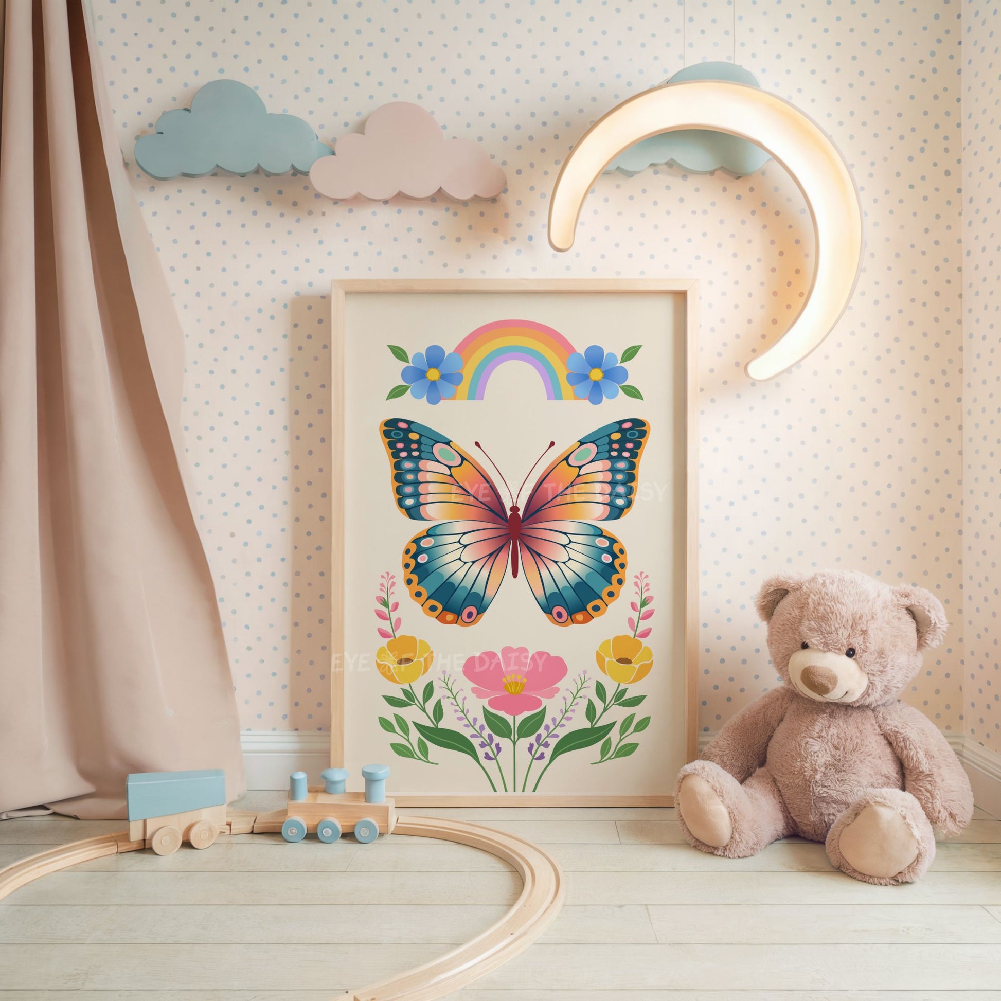 Colourful modern boho butterfly print with flowers artwork in a nursery or children's bedroom