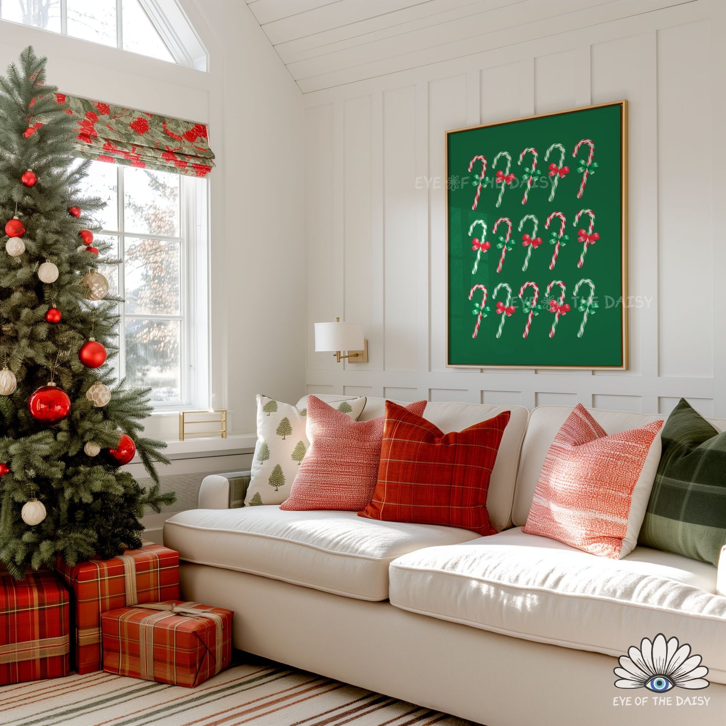 Red Green Watercolour Bows Candy Canes Print | Traditional Holiday Printable Wall Art