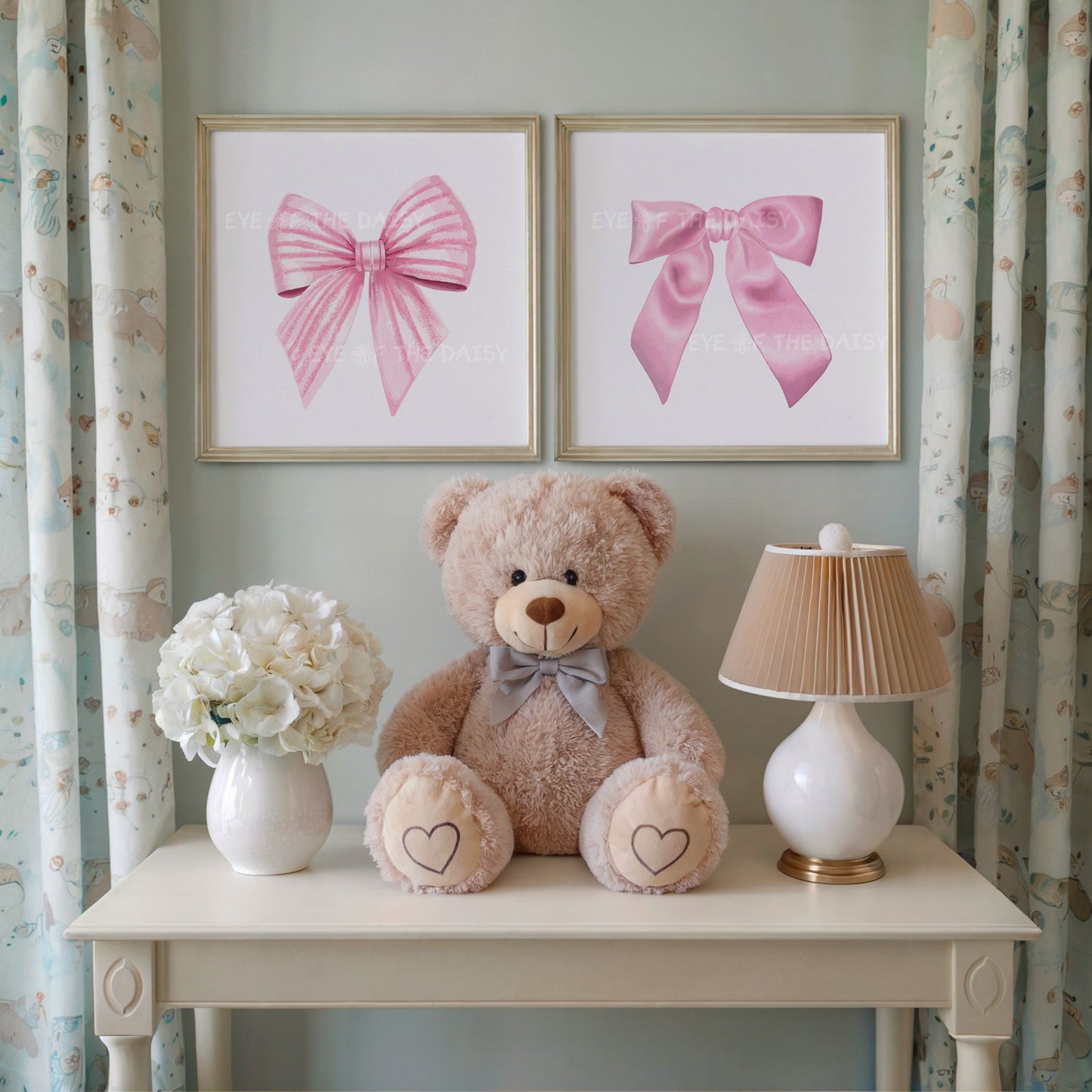 Soft pastel pink bows print set of 3 – watercolor cottagecore gallery wall art, printable nursery decor perfect for baby girl’s room or toddler’s space