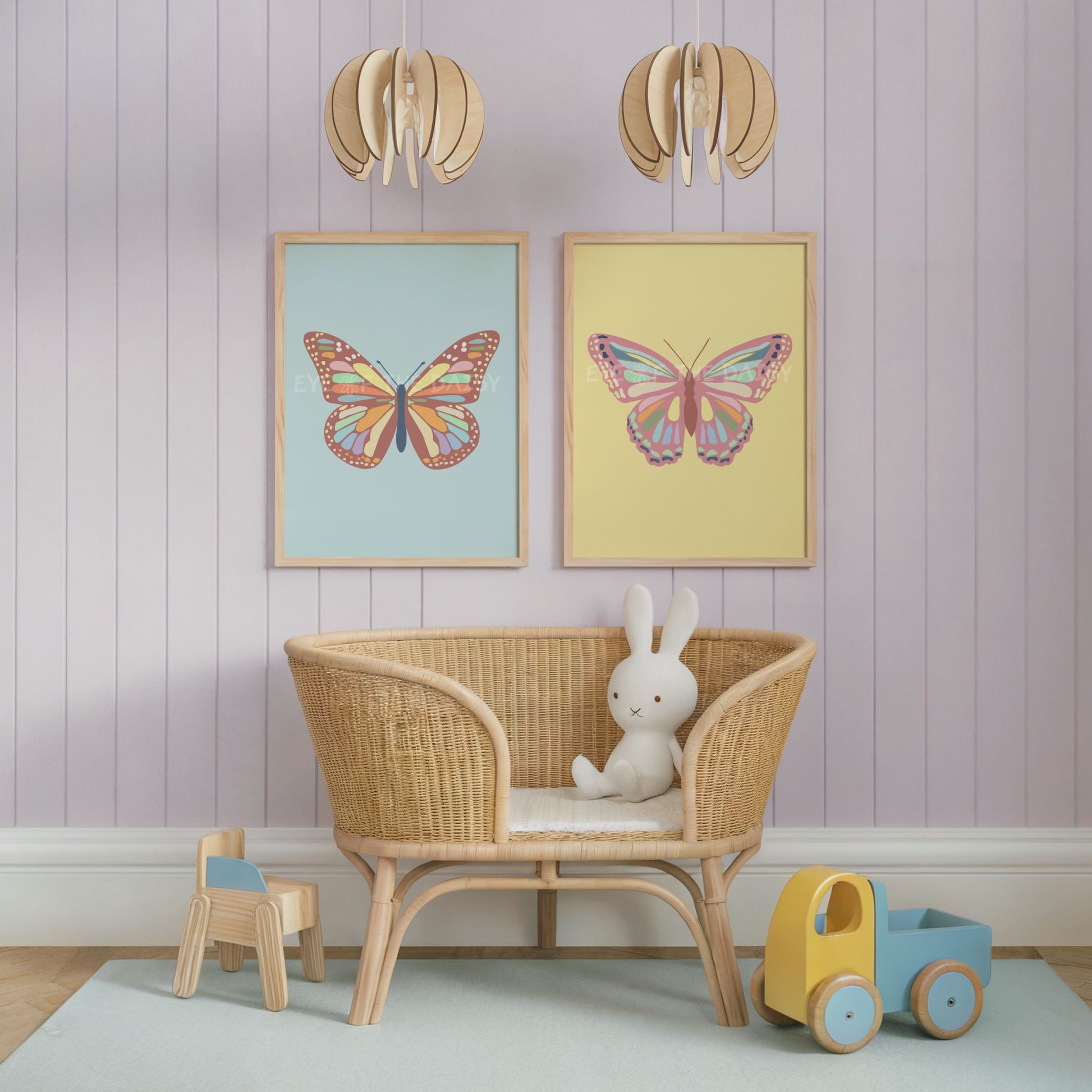 Two piece wall art print set of pastel colourful butterfly illustrations, great nursery room printables