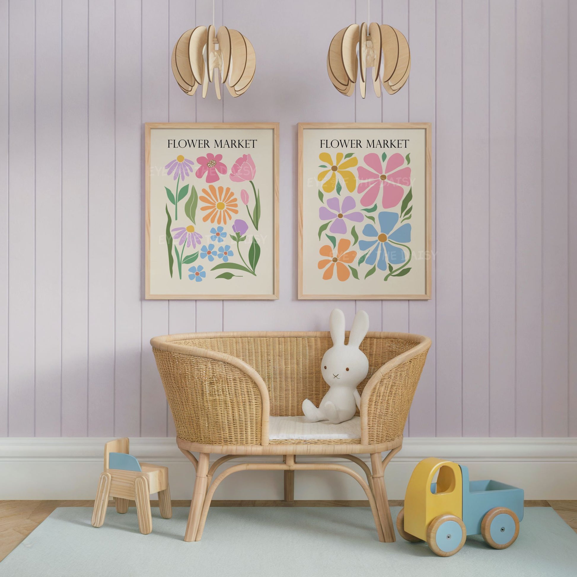 Pastel flower nursery wall art – Flower Market botanical print set of 3 in rainbow colours on beige, perfect for gender-neutral decor
