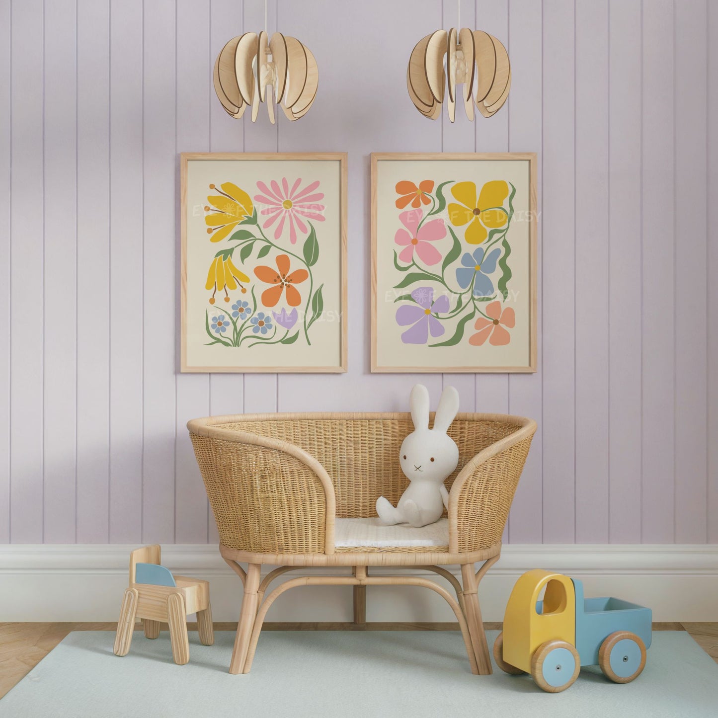 A set of two vibrant botanical abstract digital prints with colorful retro abstract flower cut-outs in pastel colours for great nursery wall decor