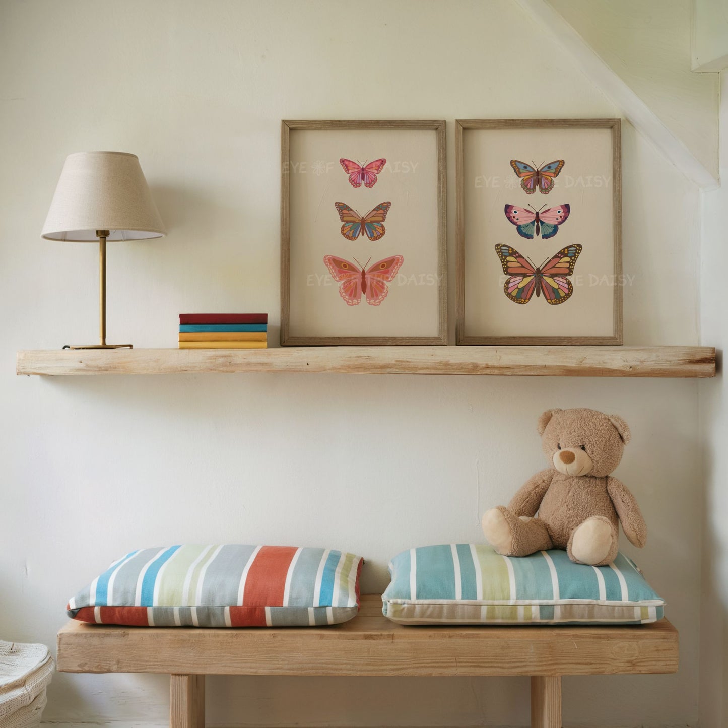 Set of 2 vintage neutral butterfly prints in a boho gender neutral nursery room, butterfly poster set of two in beige, pink, brown