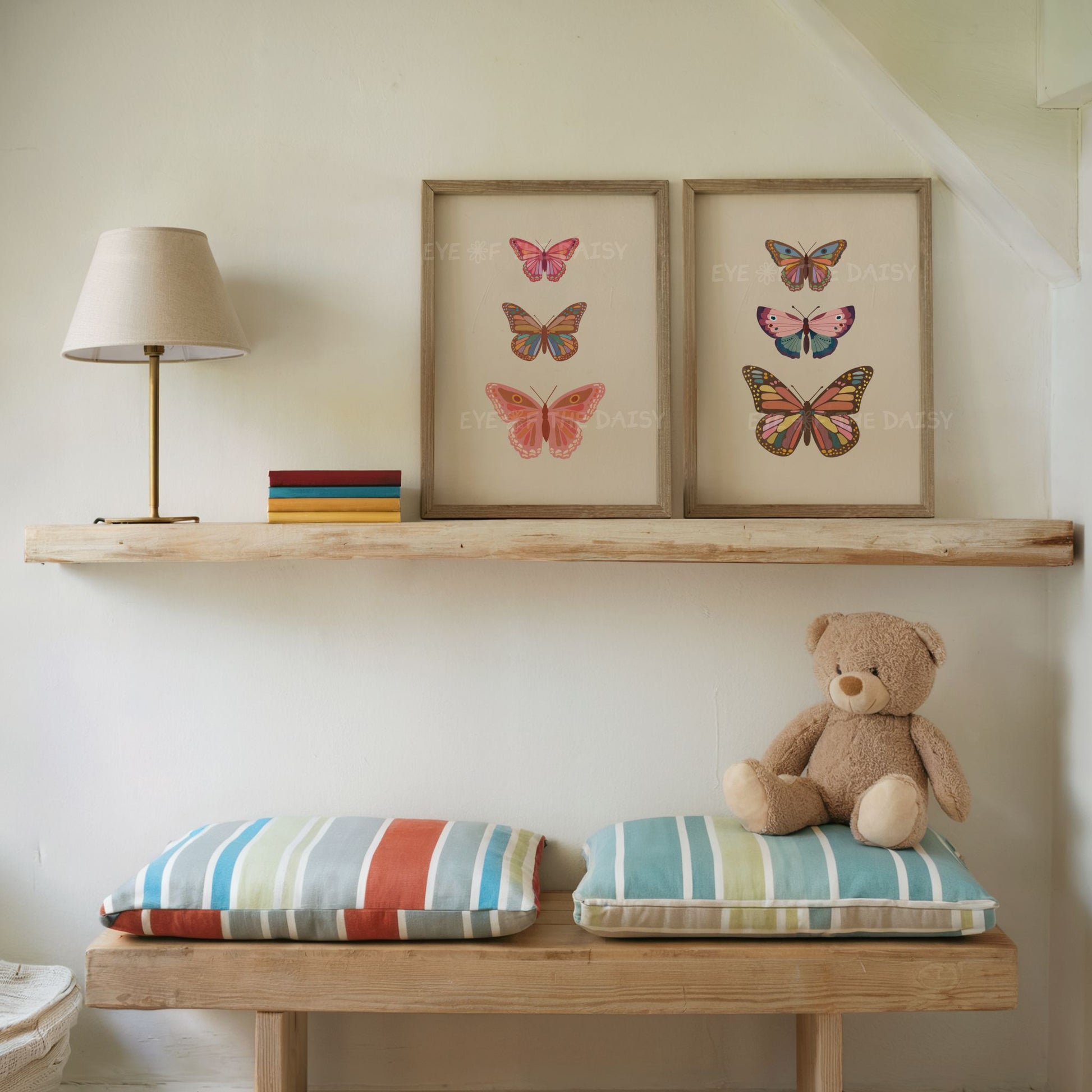 Set of 2 vintage neutral butterfly prints in a boho gender neutral nursery room, butterfly poster set of two in beige, pink, brown