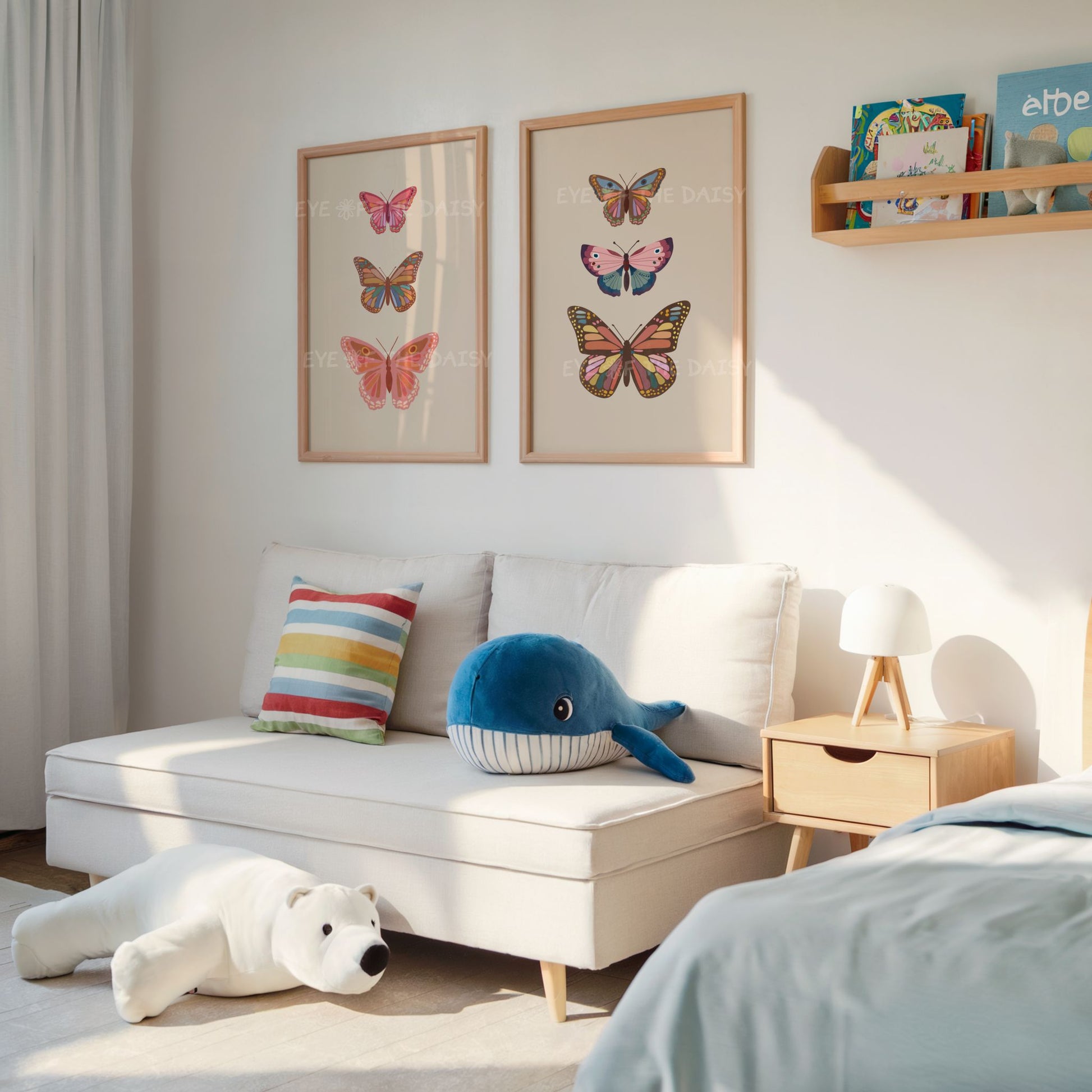 Set of 2 boho butterfly digital prints on the wall in a gender neutral children's bedroom, beige butterfly printable wall art set