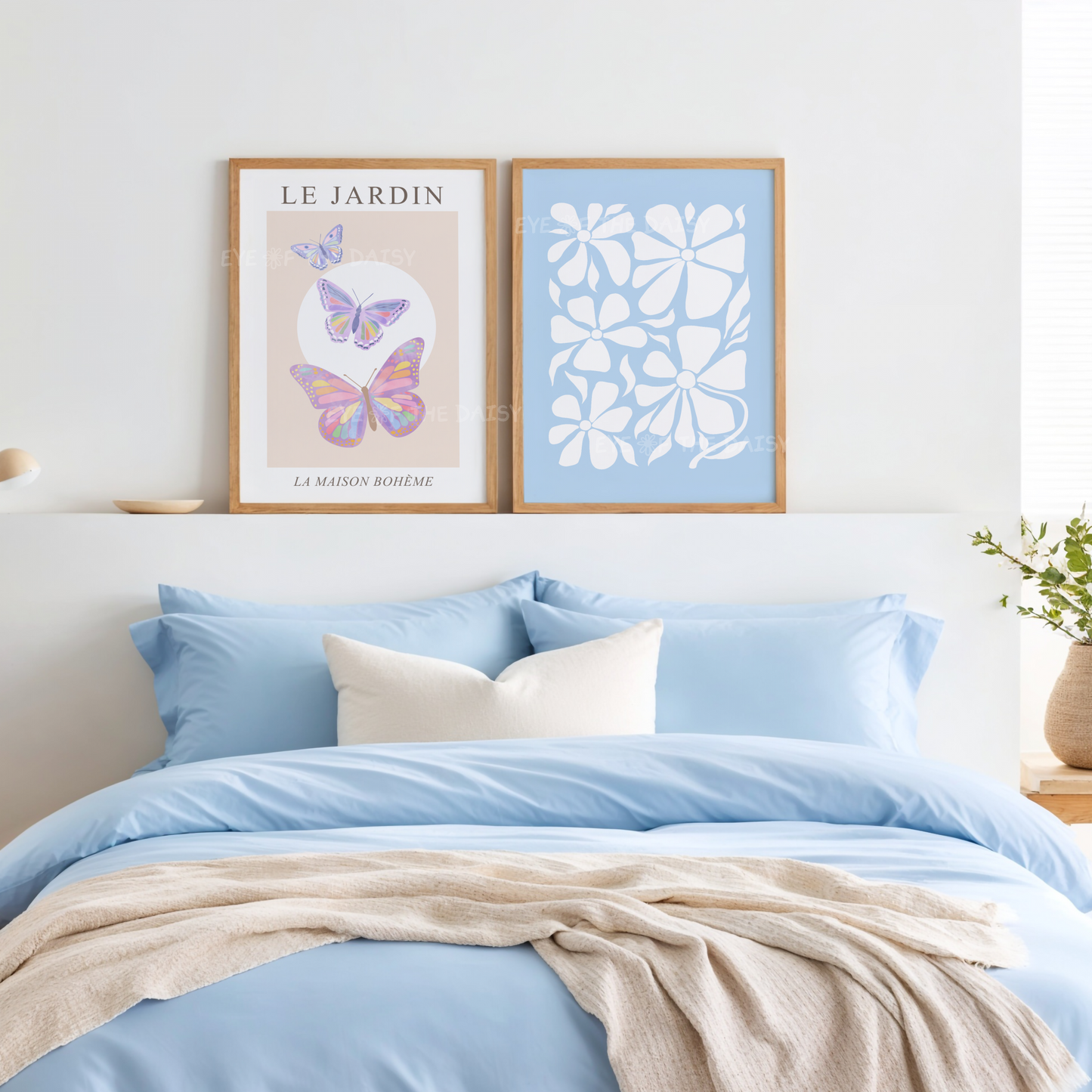 Boho abstract flower print set of 6 — printable pastel botanical posters in light blue, pink and lilac for soft minimalist boho bedroom decor
