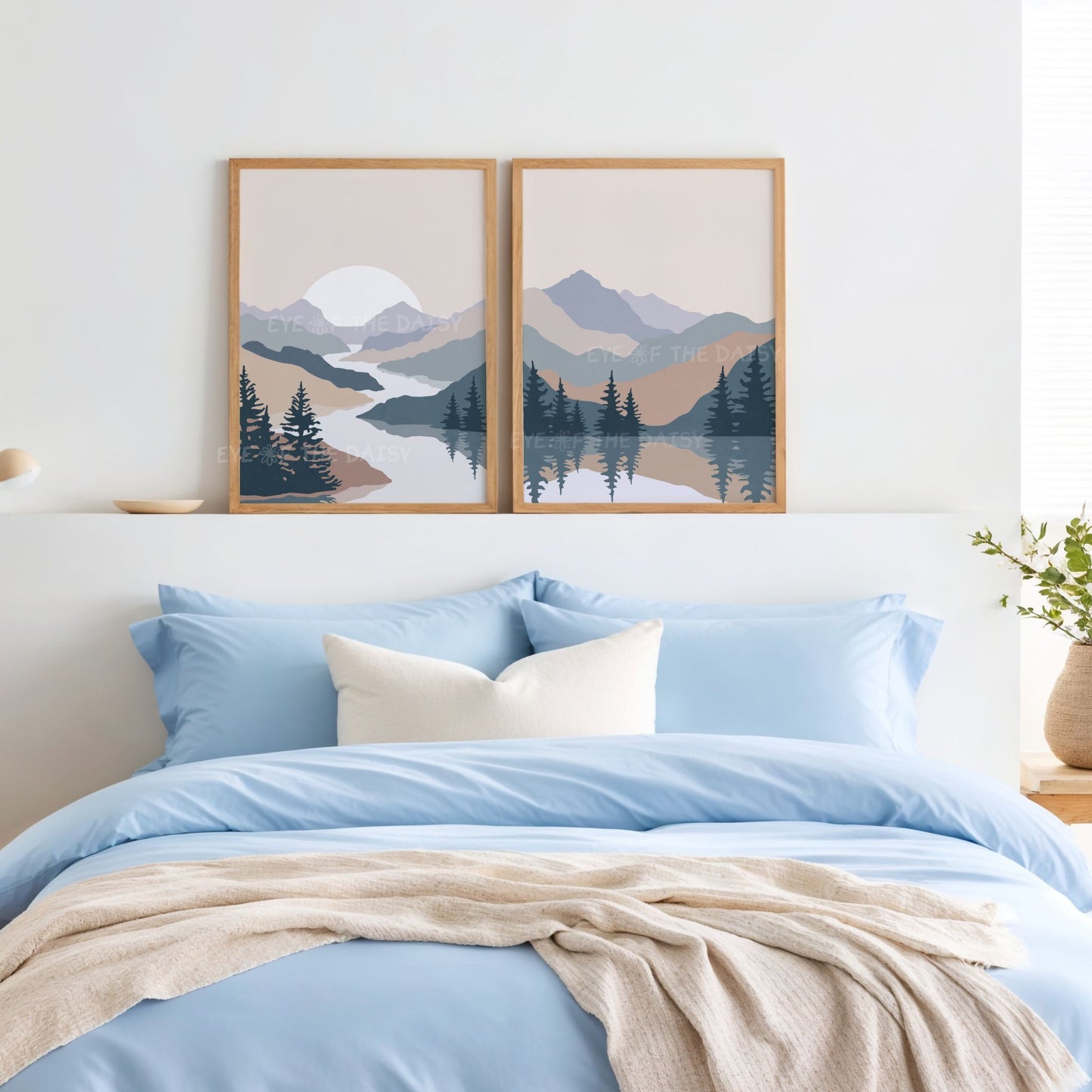 Scandi abstract lake and tree prints – set of 2 calming nature wall art in soft tones, digital download perfect for bedroom gallery wall