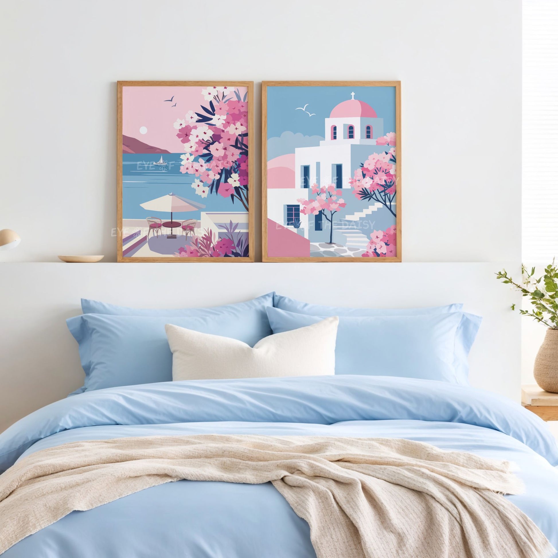 Set of two Paros prints featuring Greek church, blue sea, and flowers, minimalist digital download for modern boho bedroom wall
