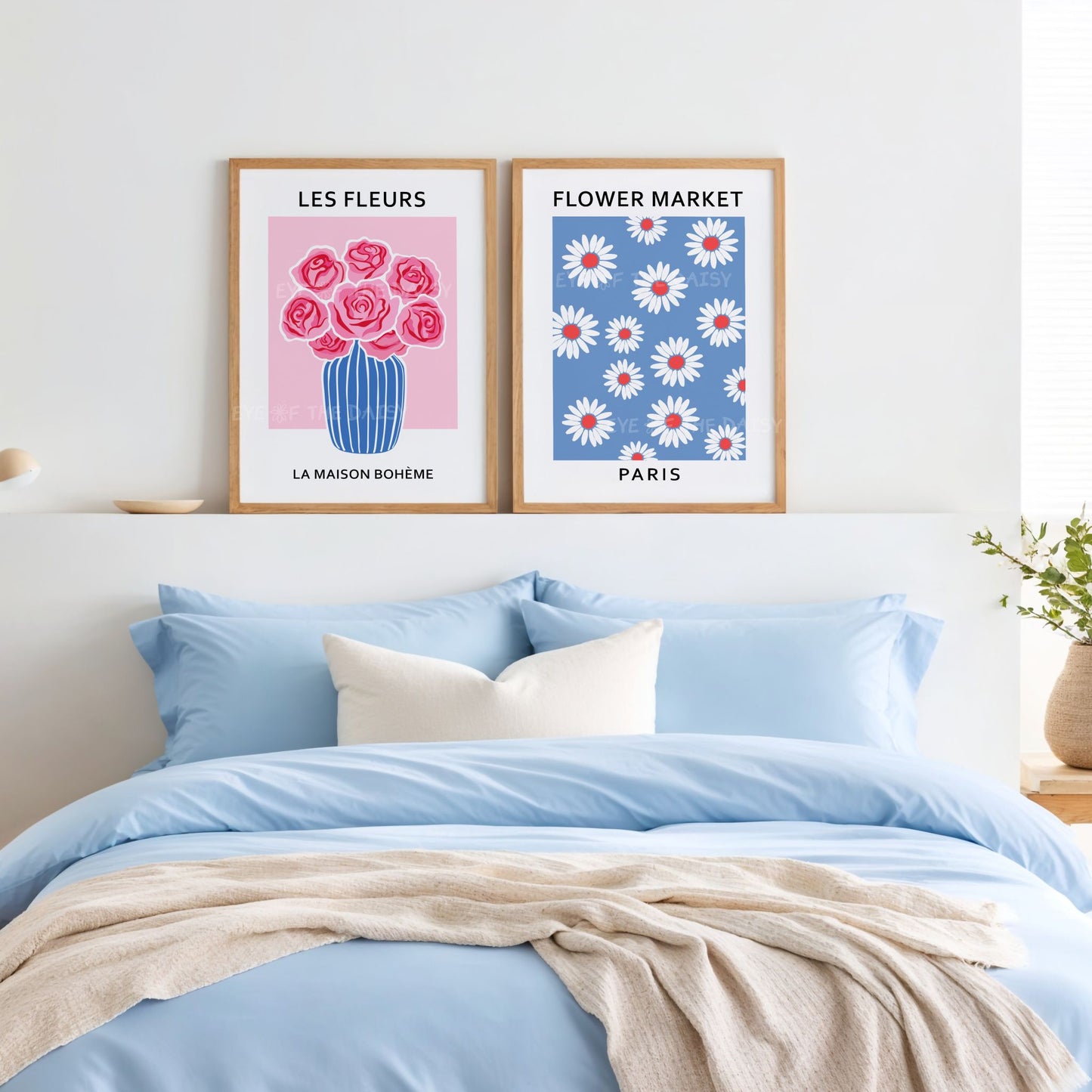 Modern eclectic floral art print - red, pink and royal blue Les Fleurs triptych wall art digital download, perfect for stylish boho bedroom walls