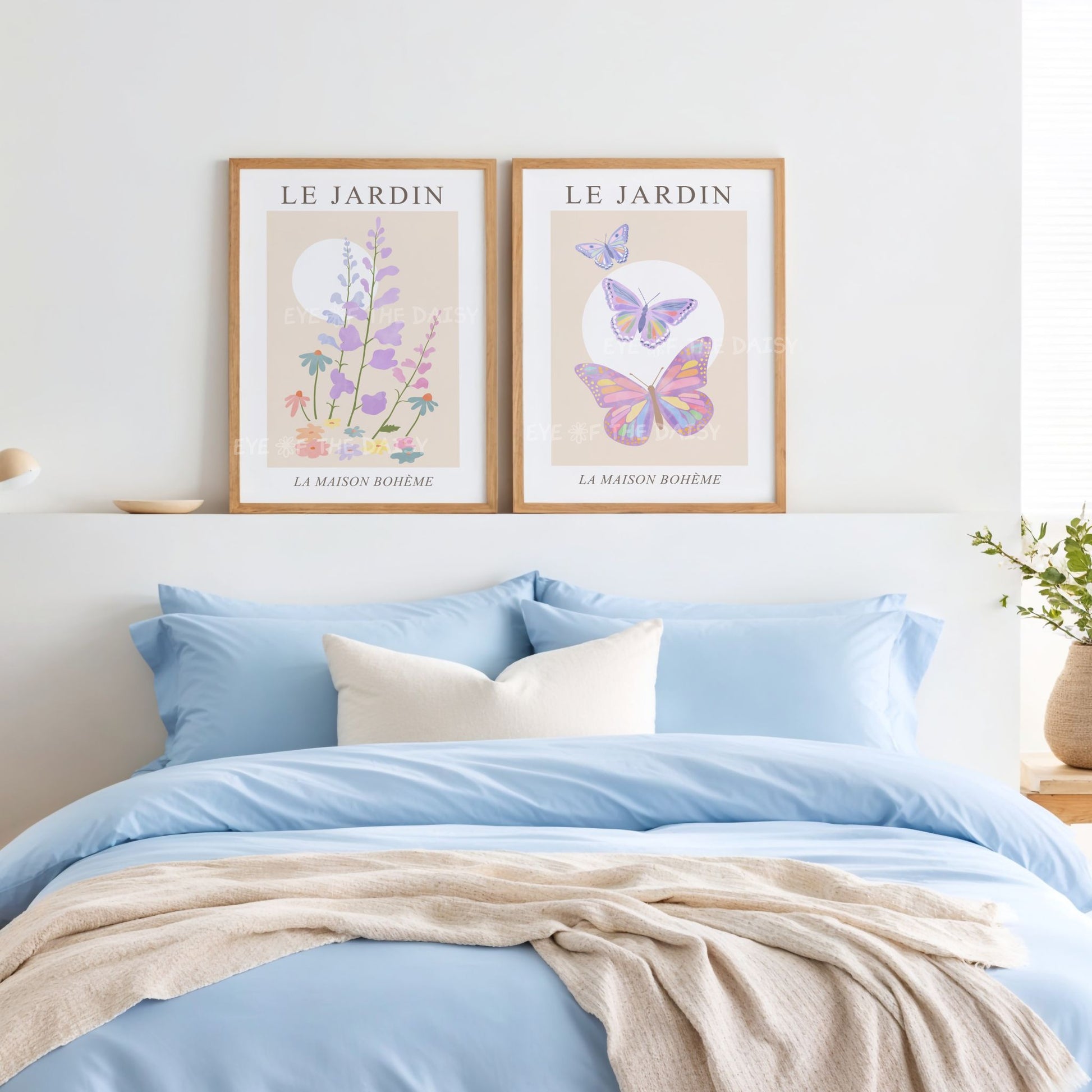 Pretty butterfly and flower print set — pastel Le Jardin digital download for trendy boho chic bedroom or calming gallery wall space