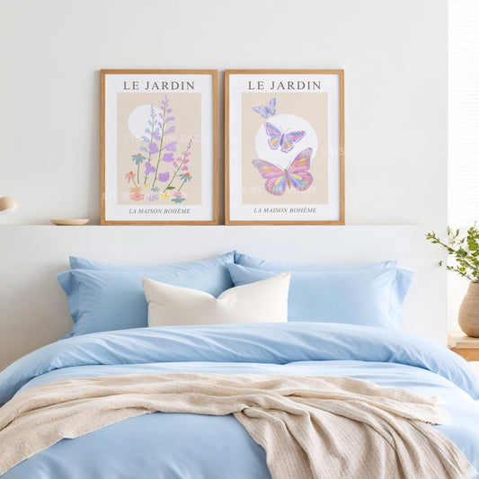 Pretty butterfly and flower print set — pastel Le Jardin digital download for trendy boho chic bedroom or calming gallery wall space