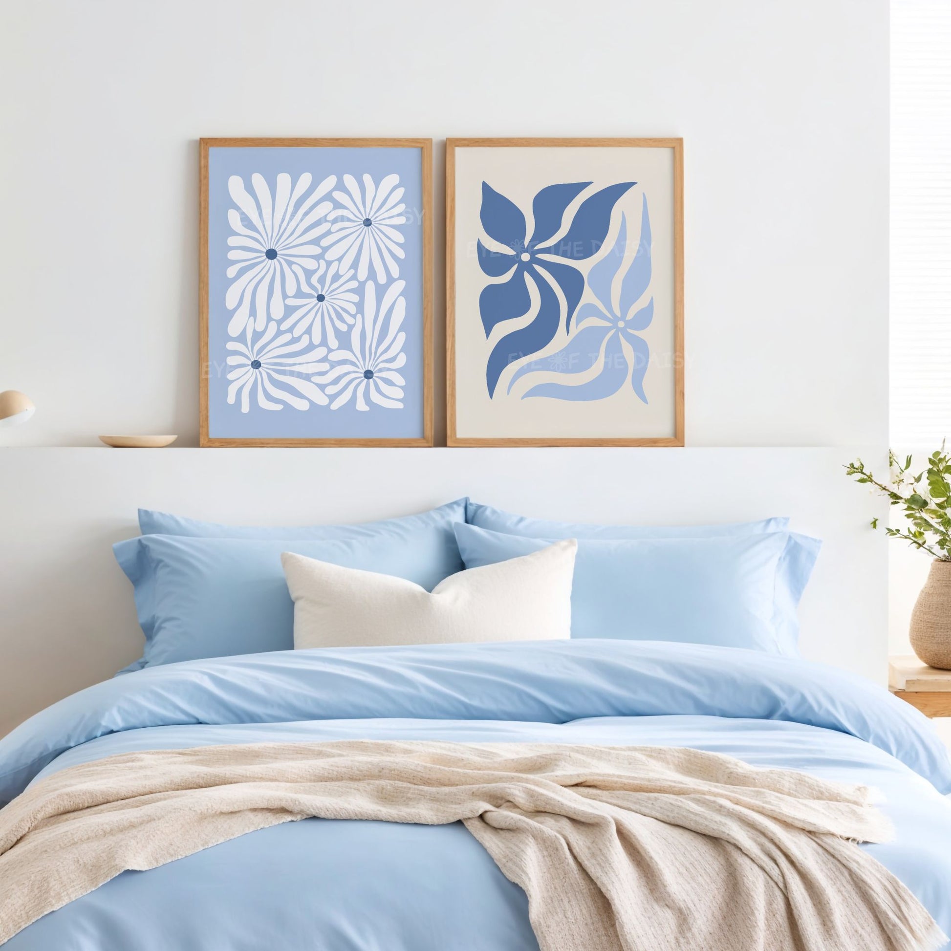 Abstract botanical floral print set of 4 – navy and beige cut-out shapes, printable wall art for calming modern bedroom wall decor