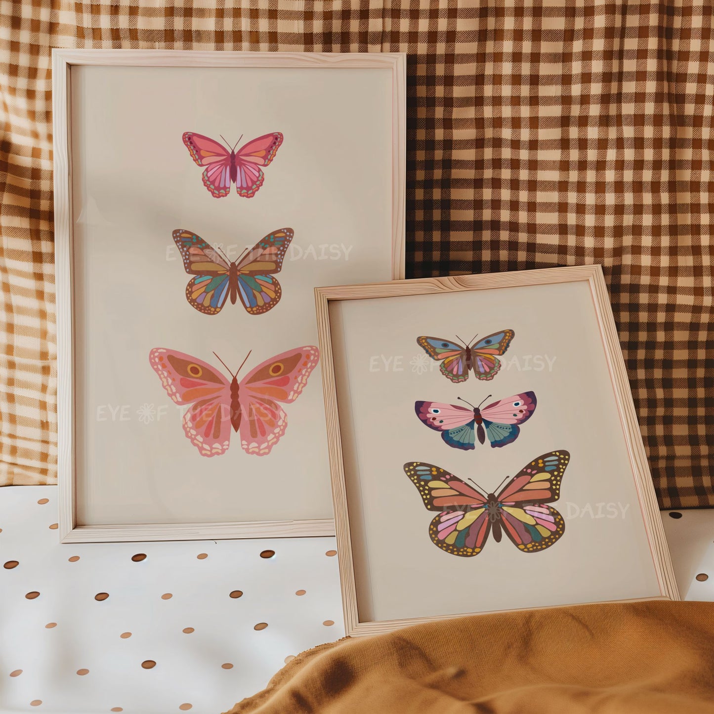 Two vintage retro illustrations of eclectic brown & pink butterflies on beige, great for gender neutral nursery wall decor