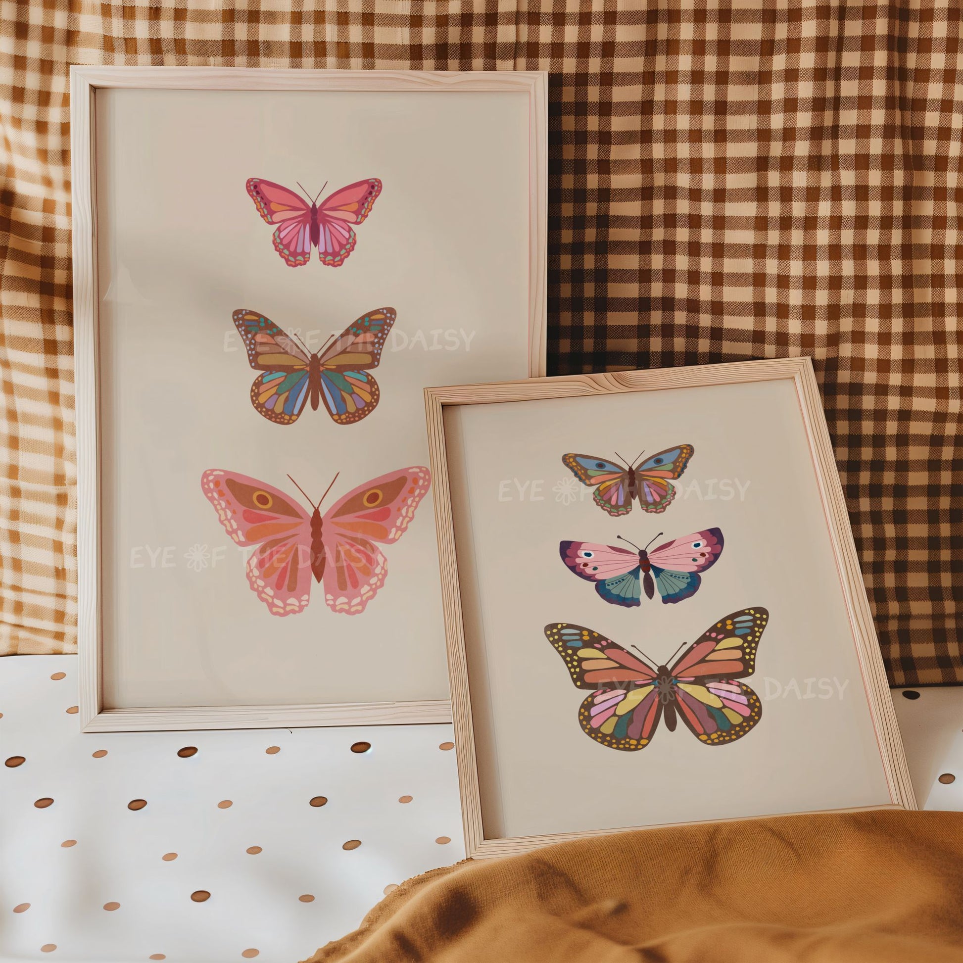 Two vintage retro illustrations of eclectic brown & pink butterflies on beige, great for gender neutral nursery wall decor